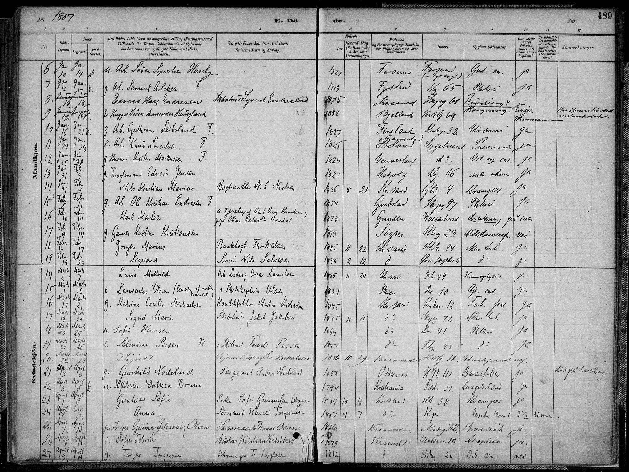 Kristiansand domprosti, SAK/1112-0006/F/Fa/L0017: Parish register (official) no. A 16B, 1880-1890, p. 489