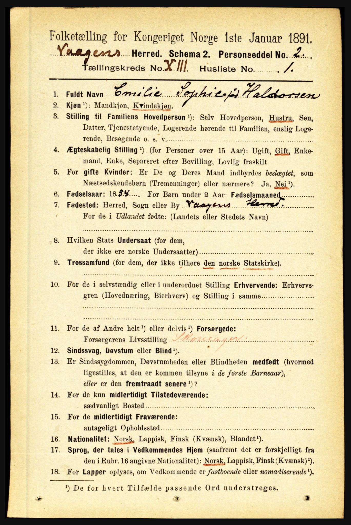 RA, 1891 census for 1865 Vågan, 1891, p. 3322