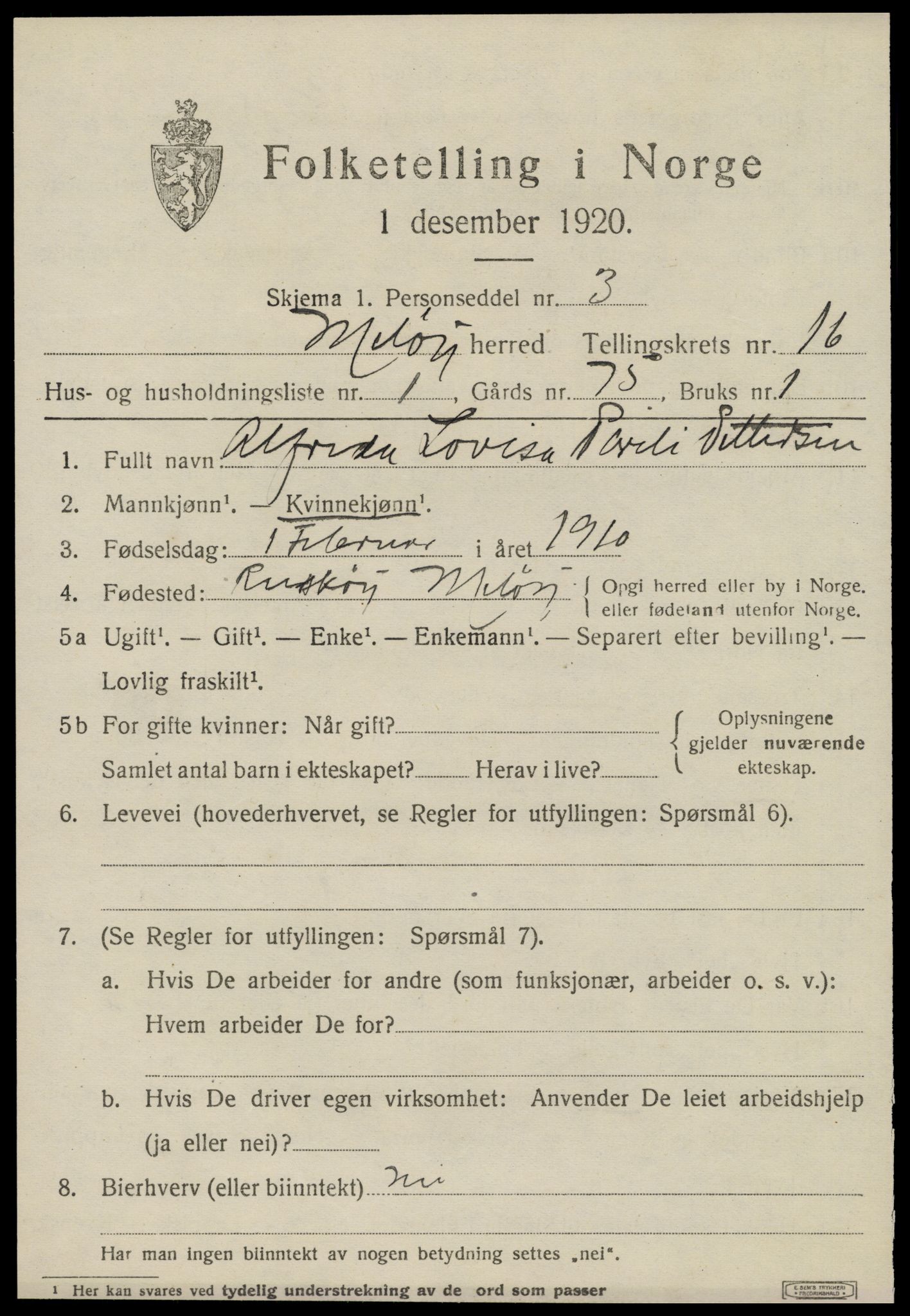 SAT, 1920 census for Meløy, 1920, p. 10275