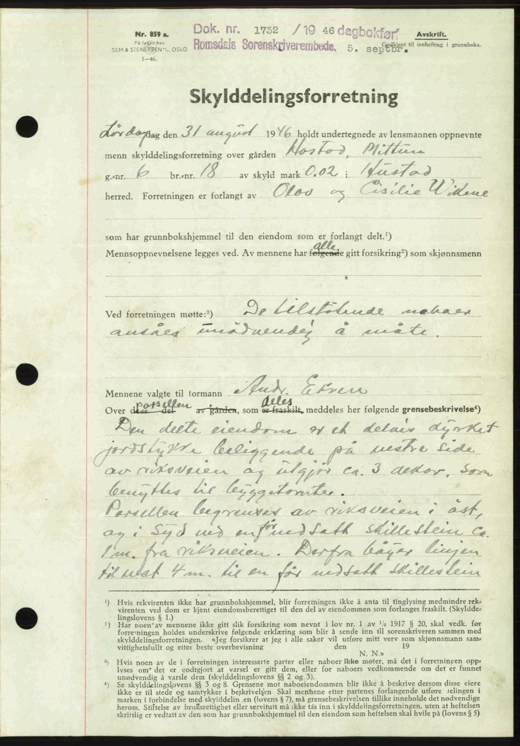 Romsdal sorenskriveri, AV/SAT-A-4149/1/2/2C: Mortgage book no. A20, 1946-1946, Diary no: : 1732/1946