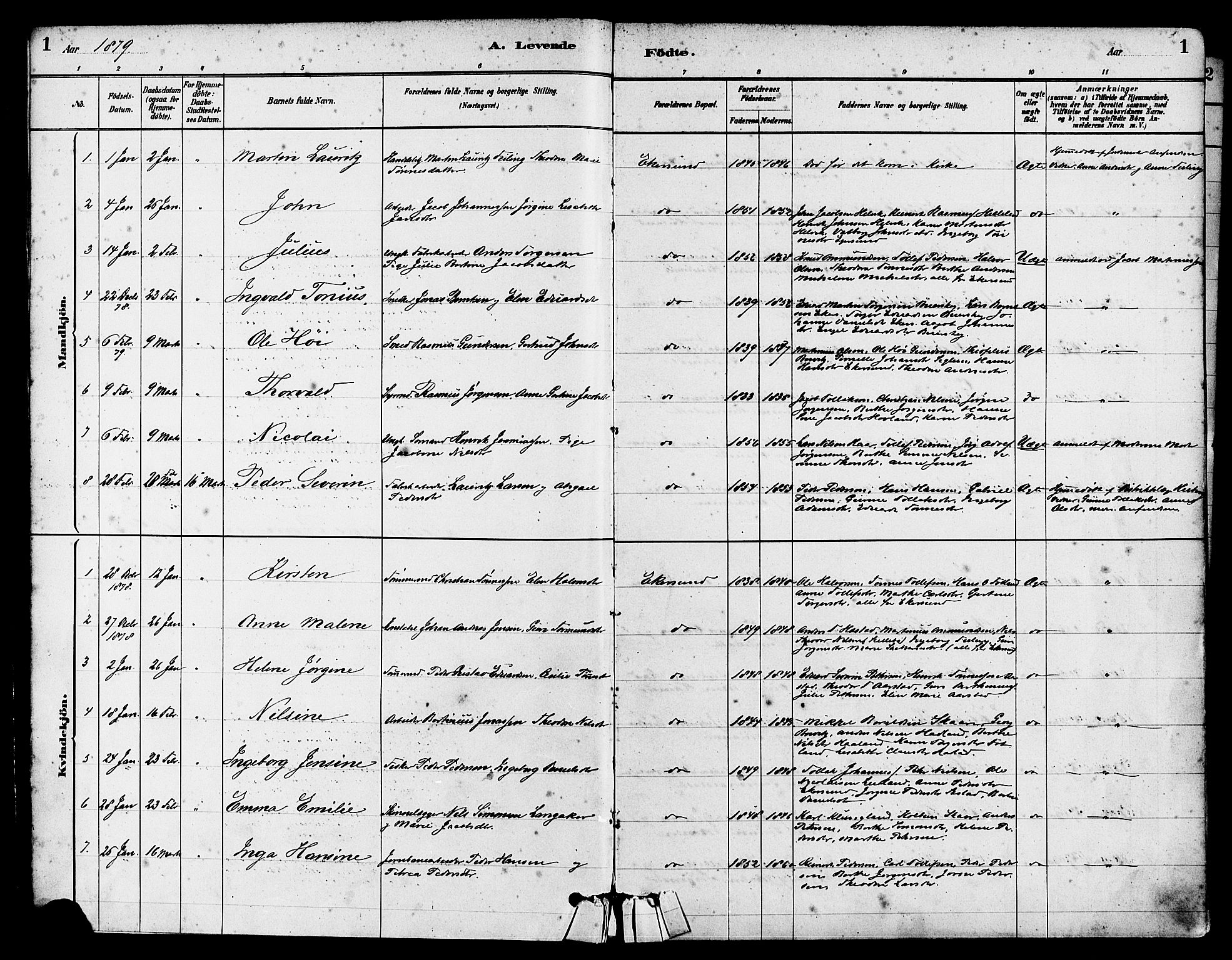 Eigersund sokneprestkontor, AV/SAST-A-101807/S08/L0015: Parish register (official) no. A 15, 1879-1892, p. 1