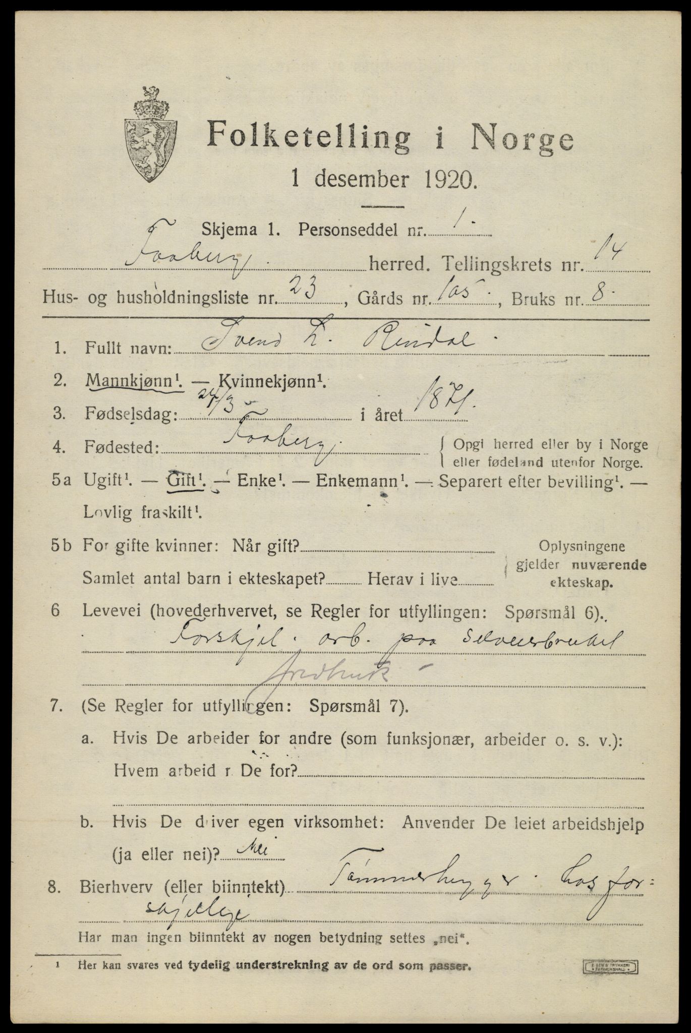 SAH, 1920 census for Fåberg, 1920, p. 15020