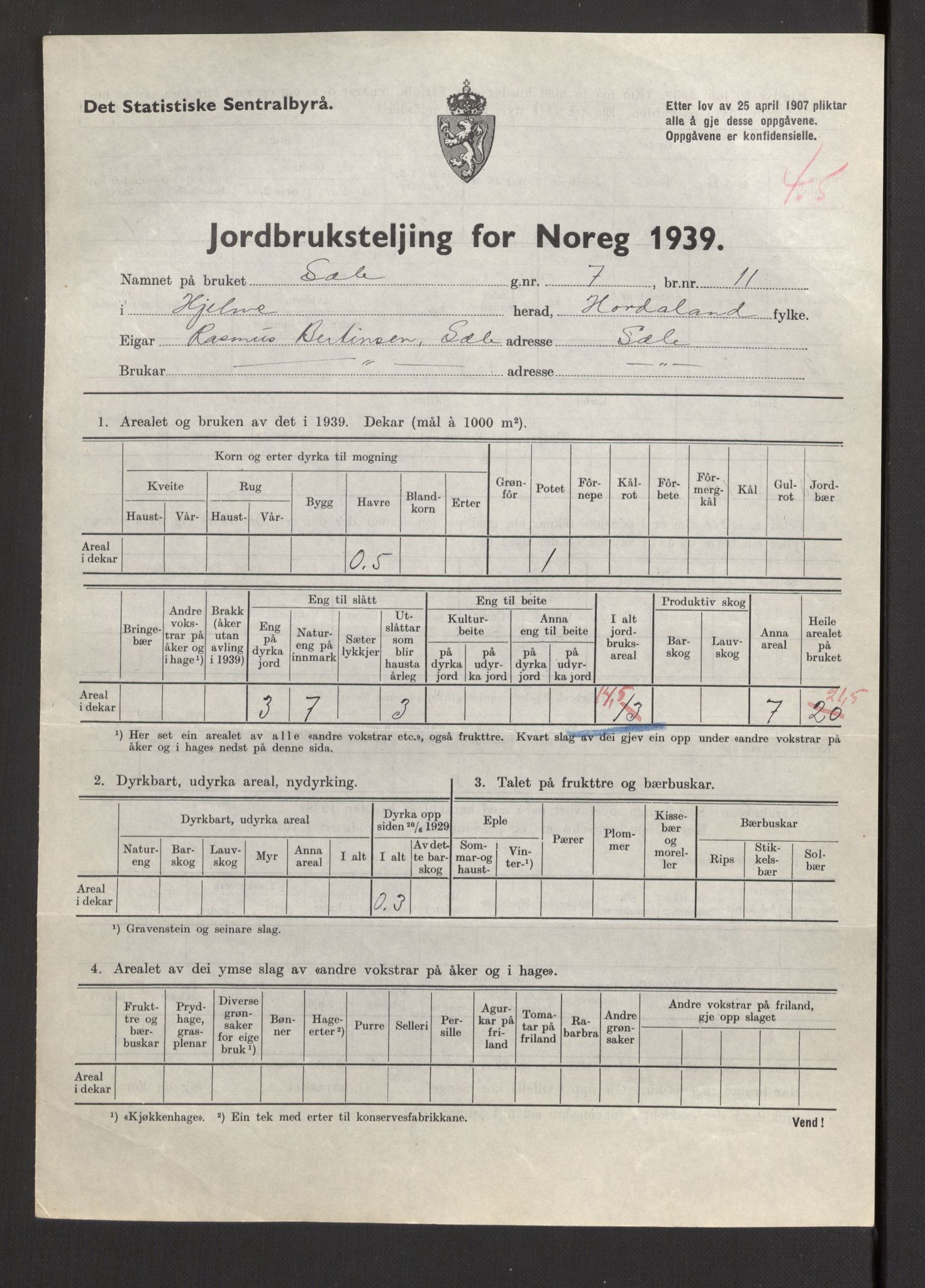 Statistisk sentralbyrå, Næringsøkonomiske emner, Jordbruk, skogbruk, jakt, fiske og fangst, AV/RA-S-2234/G/Gb/L0211: Hordaland: Herdla, Hjelme og Manger, 1939, p. 1339