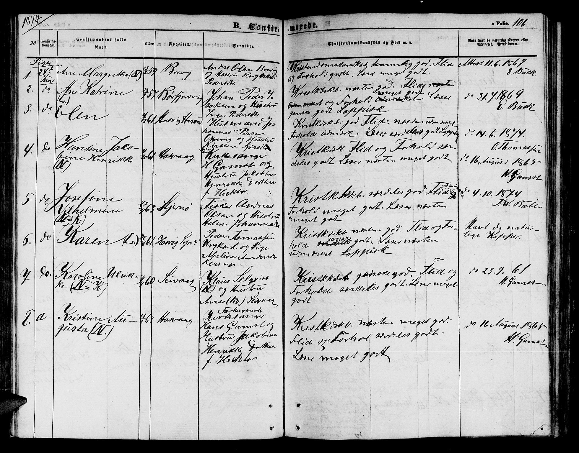 Loppa sokneprestkontor, AV/SATØ-S-1339/H/Hb/L0003klokker: Parish register (copy) no. 3, 1853-1880, p. 106