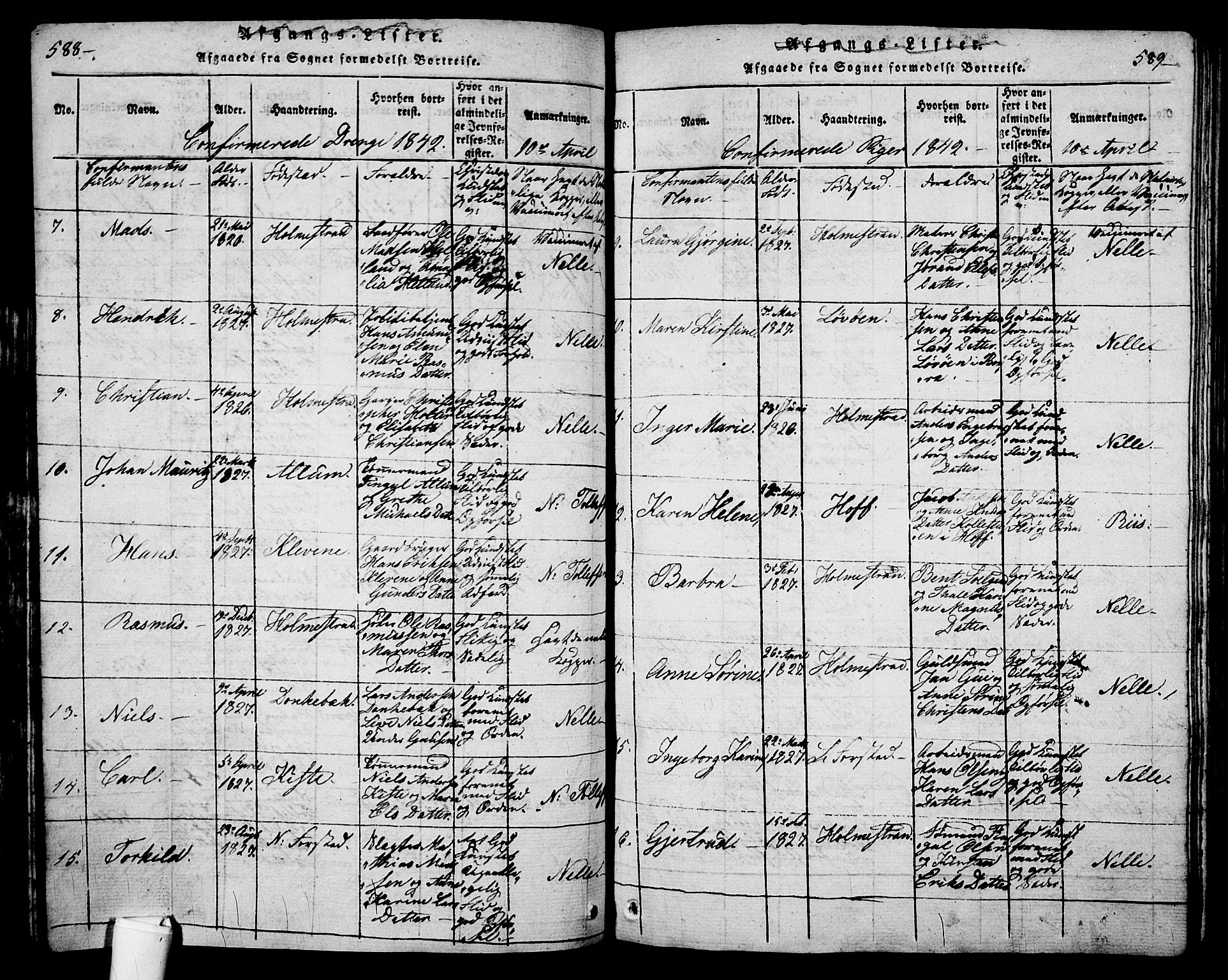 Holmestrand kirkebøker, AV/SAKO-A-346/G/Ga/L0001: Parish register (copy) no. 1, 1814-1848, p. 588-589