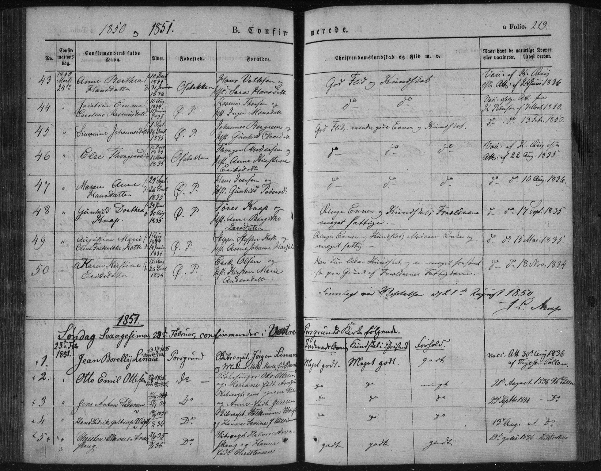 Porsgrunn kirkebøker , SAKO/A-104/F/Fa/L0006: Parish register (official) no. 6, 1841-1857, p. 219