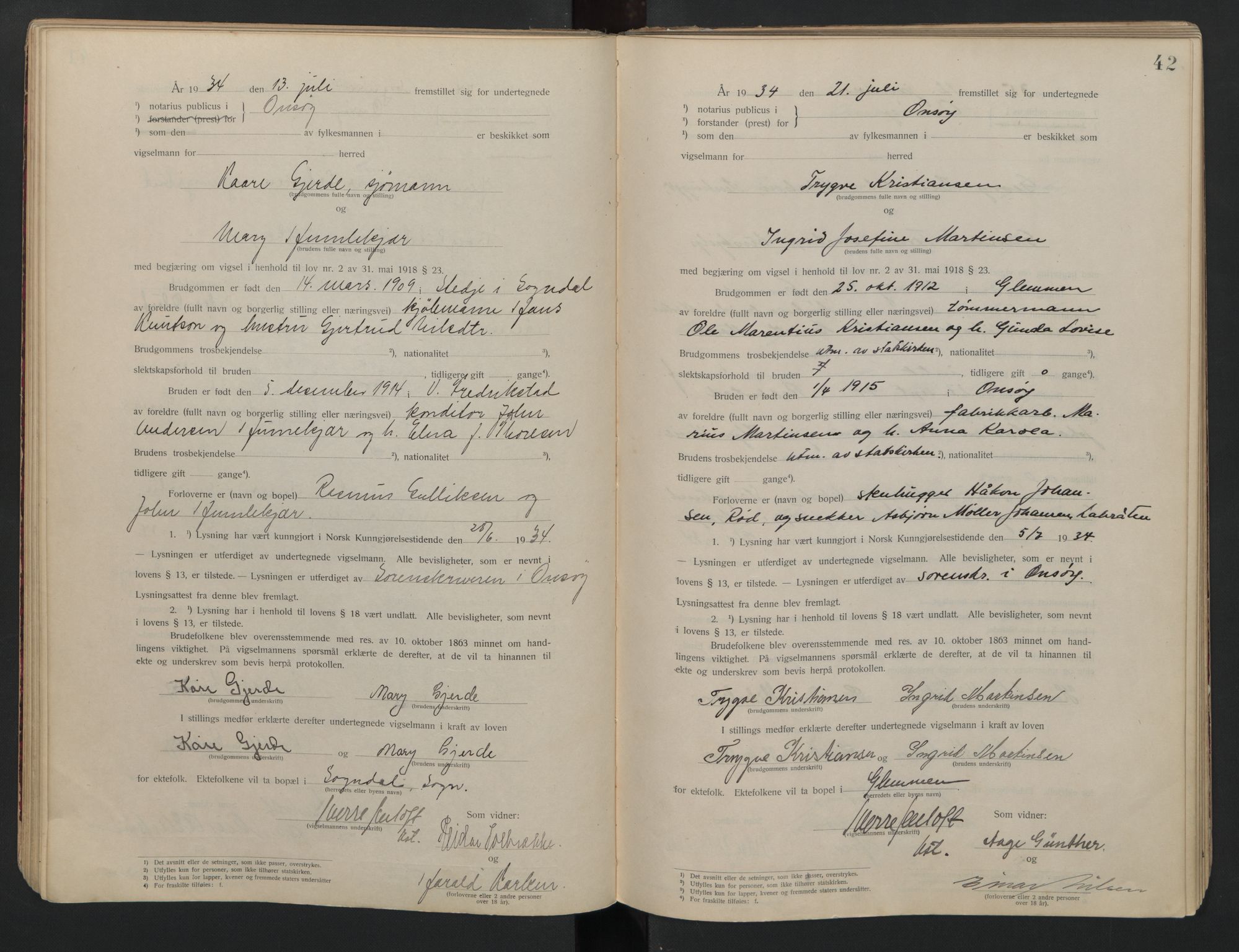 Onsøy sorenskriveri, AV/SAO-A-10474/L/La/L0001: Vigselsbok, 1920-1942, p. 42