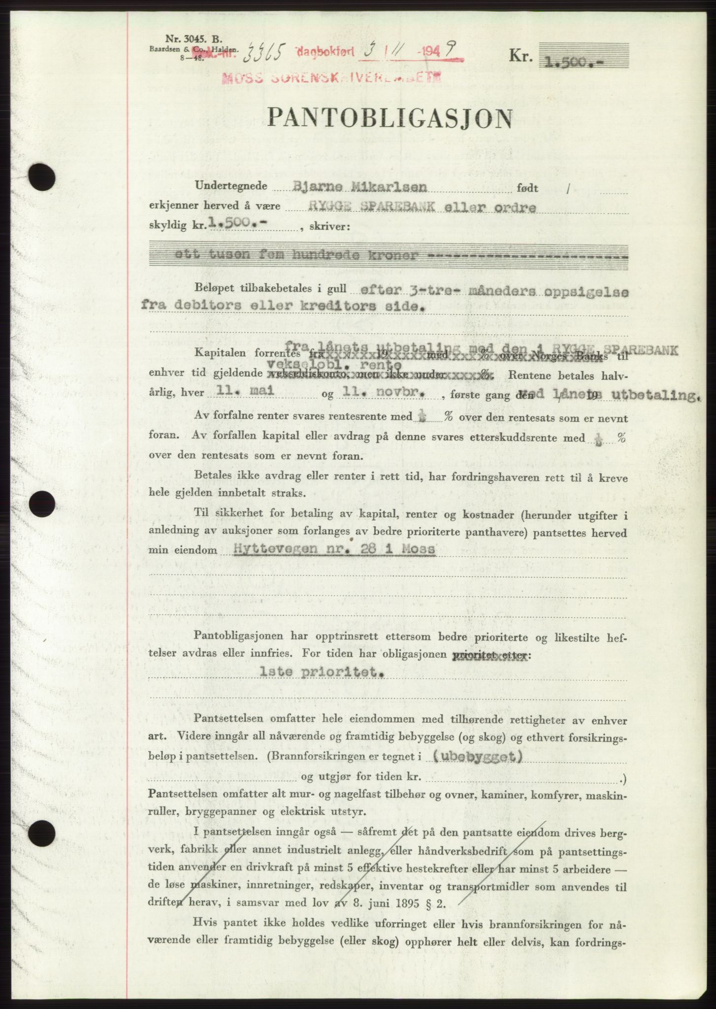 Moss sorenskriveri, SAO/A-10168: Mortgage book no. B23, 1949-1950, Diary no: : 3365/1949