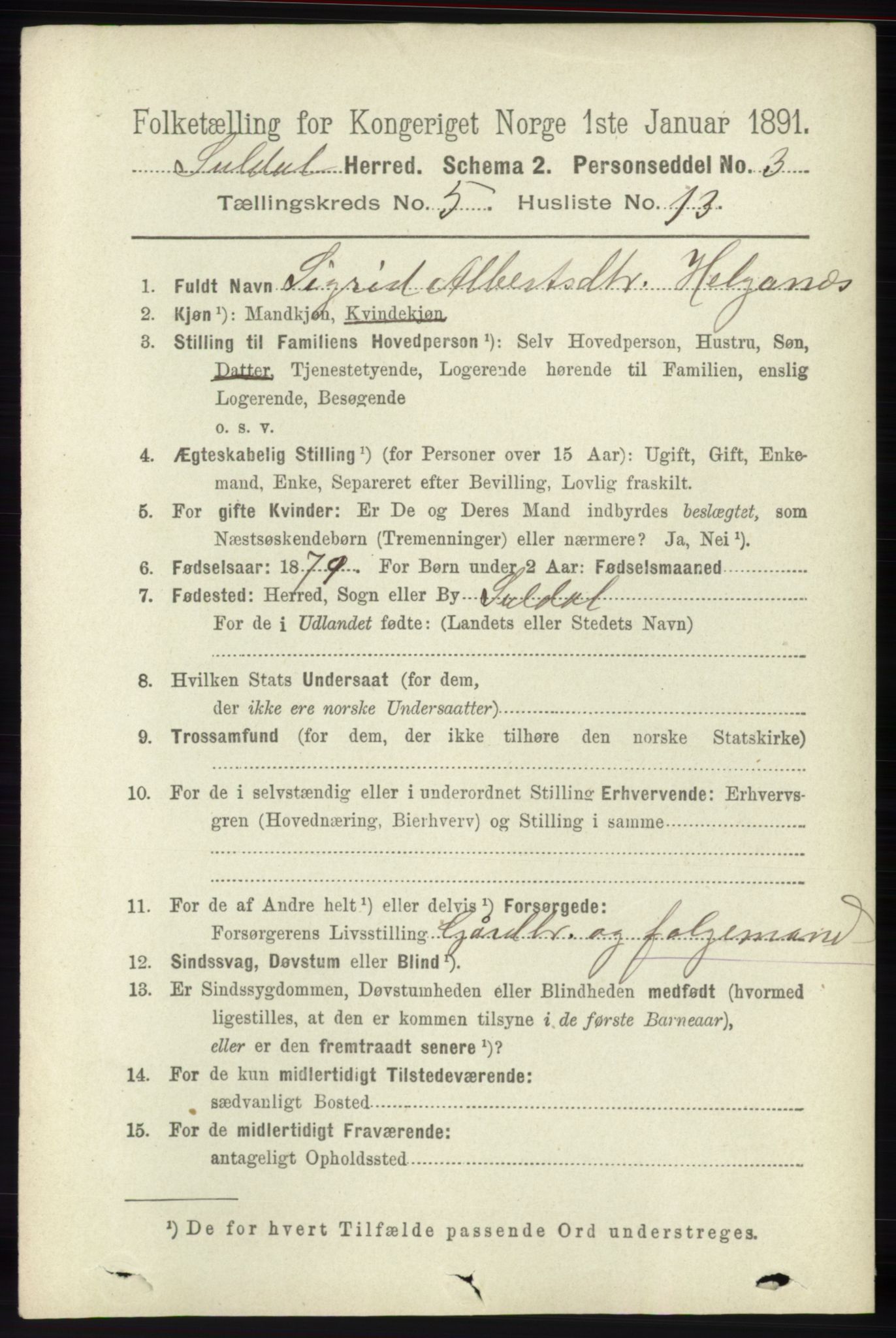 RA, 1891 census for 1134 Suldal, 1891, p. 1530