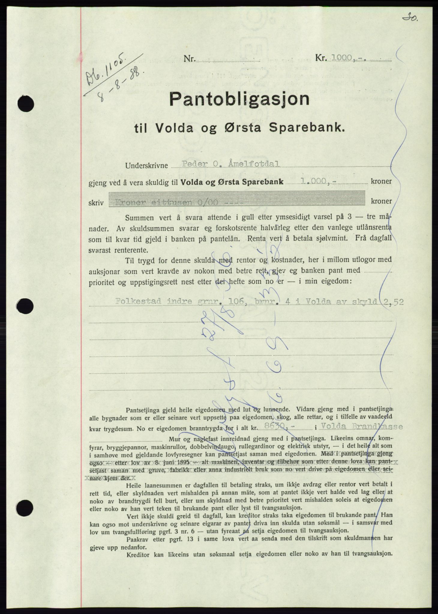 Søre Sunnmøre sorenskriveri, AV/SAT-A-4122/1/2/2C/L0066: Mortgage book no. 60, 1938-1938, Diary no: : 1105/1938