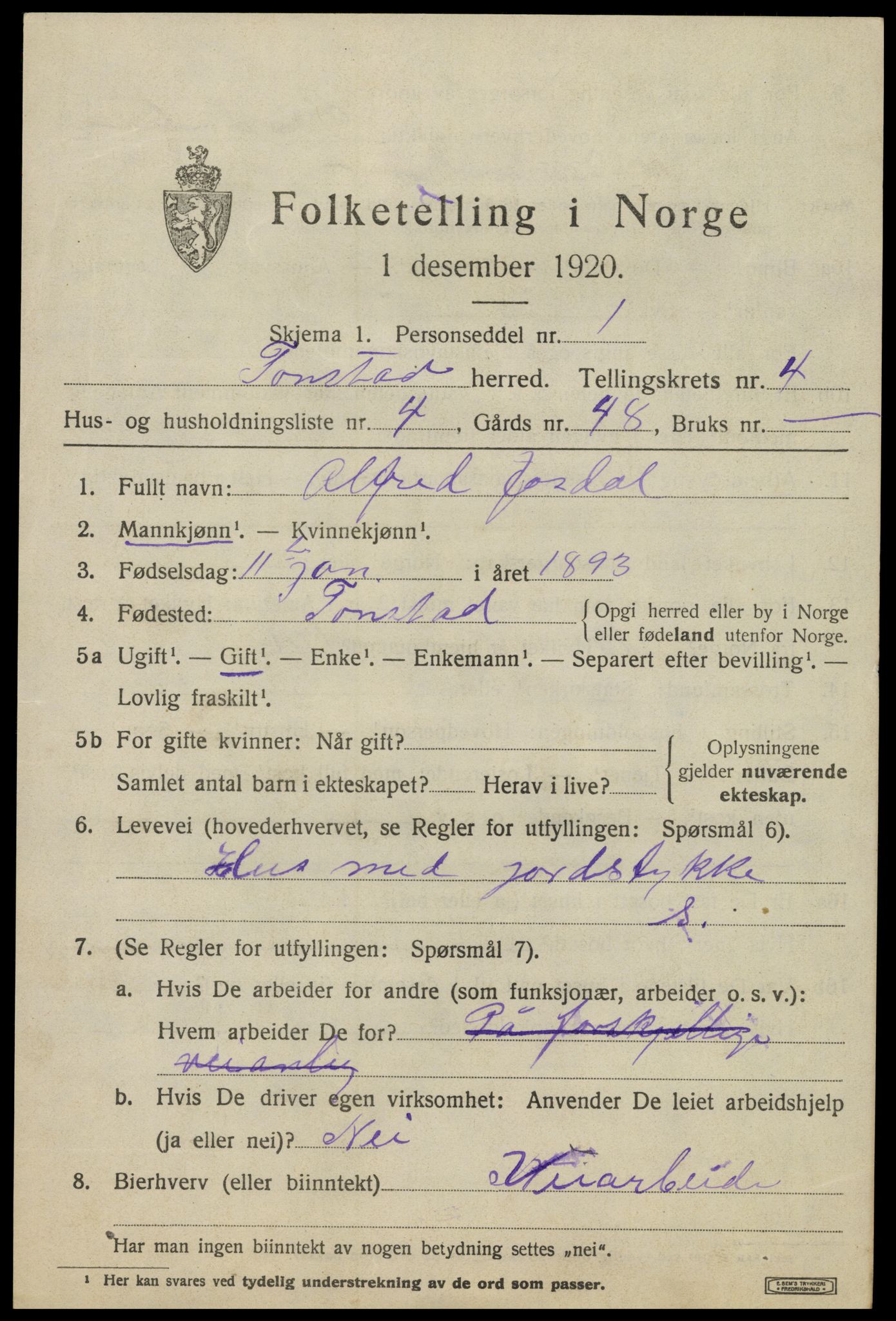 SAK, 1920 census for Tonstad, 1920, p. 1314