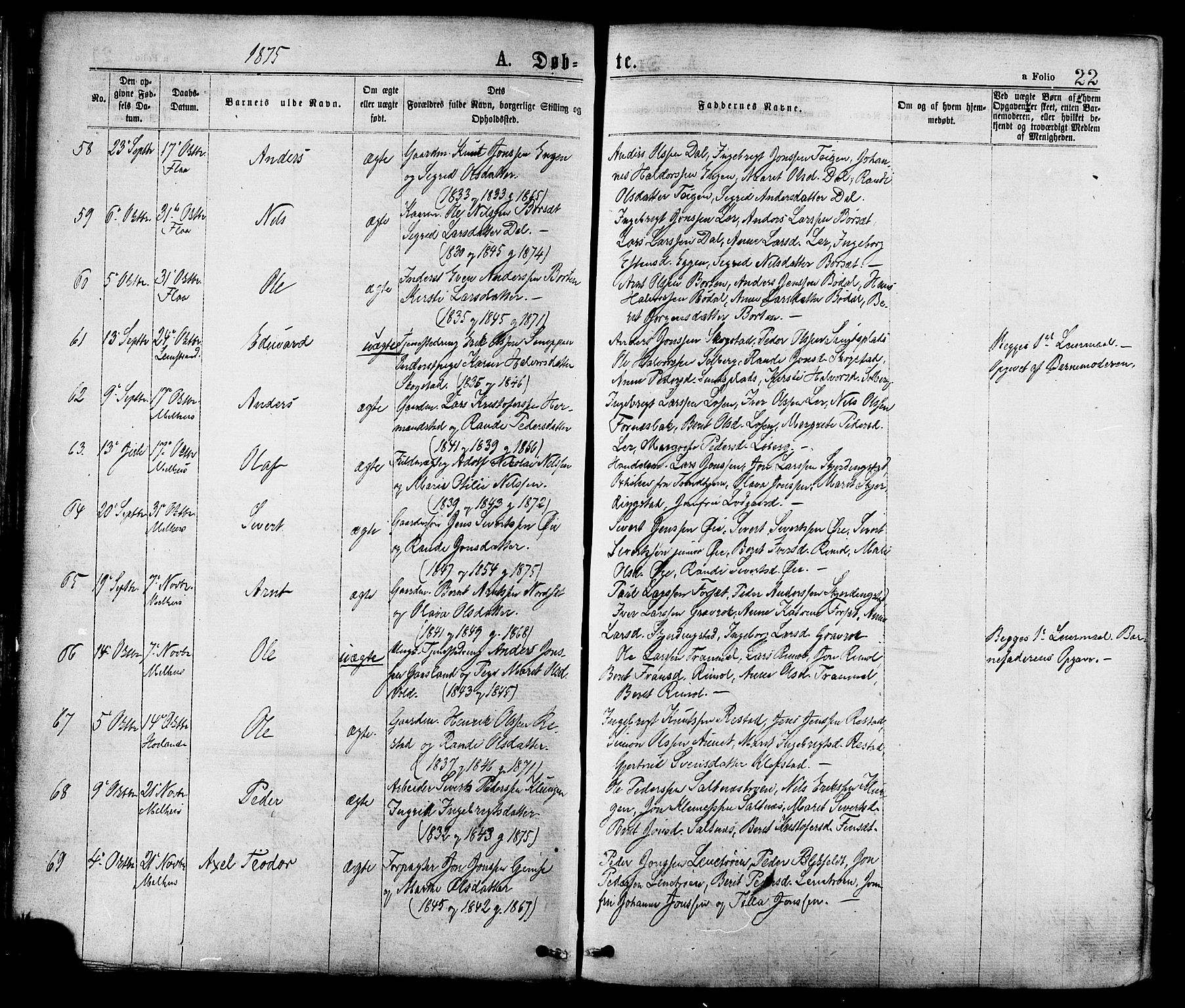 Ministerialprotokoller, klokkerbøker og fødselsregistre - Sør-Trøndelag, AV/SAT-A-1456/691/L1079: Parish register (official) no. 691A11, 1873-1886, p. 22