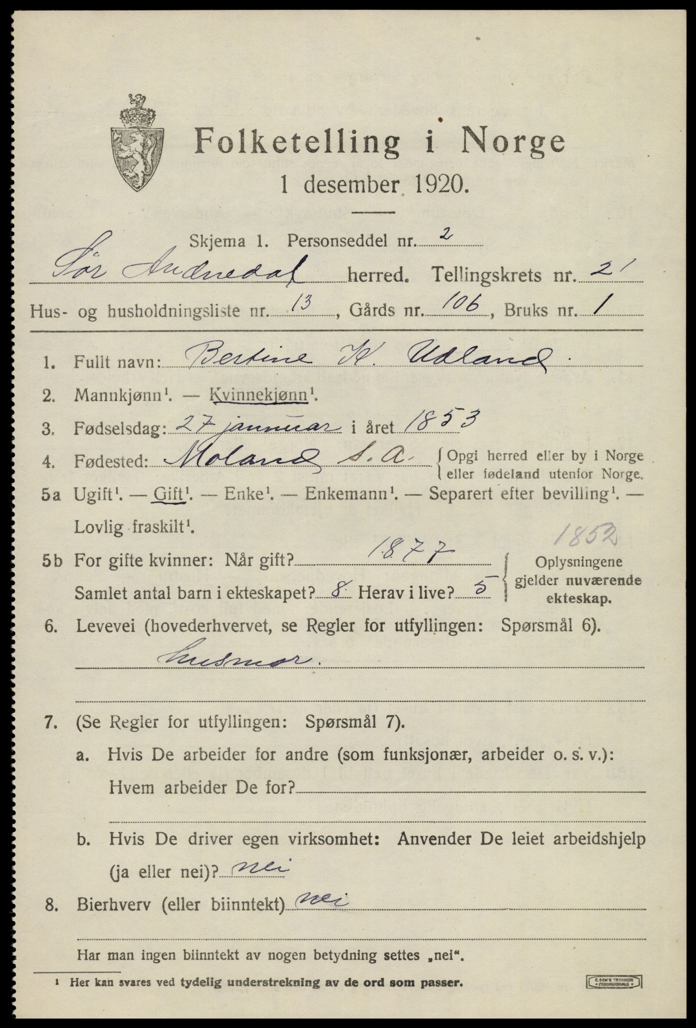 SAK, 1920 census for Sør-Audnedal, 1920, p. 7005