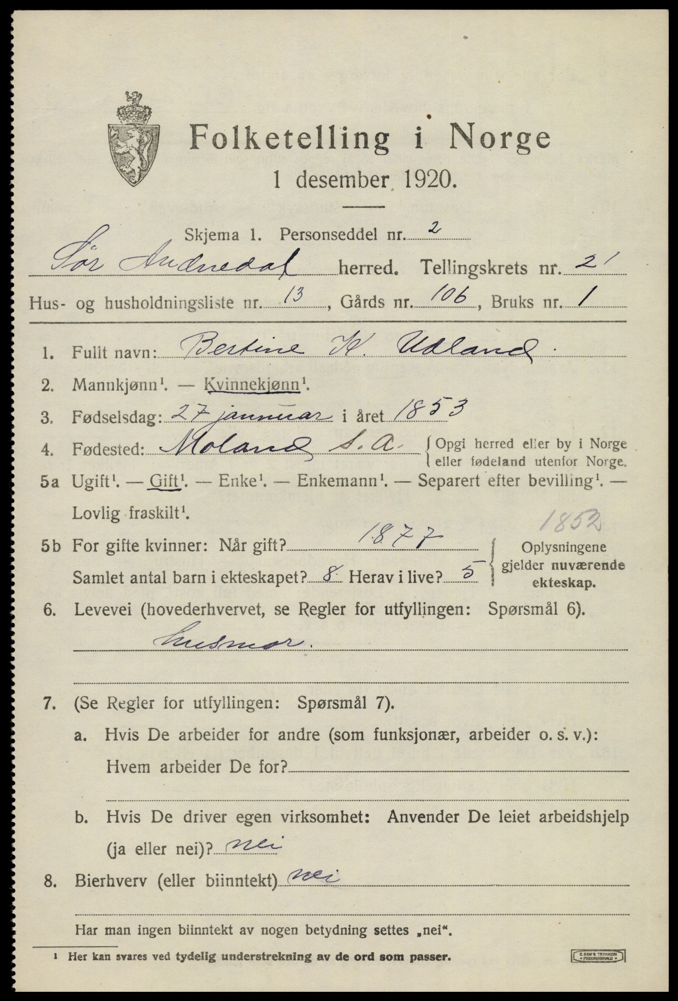 SAK, 1920 census for Sør-Audnedal, 1920, p. 7005