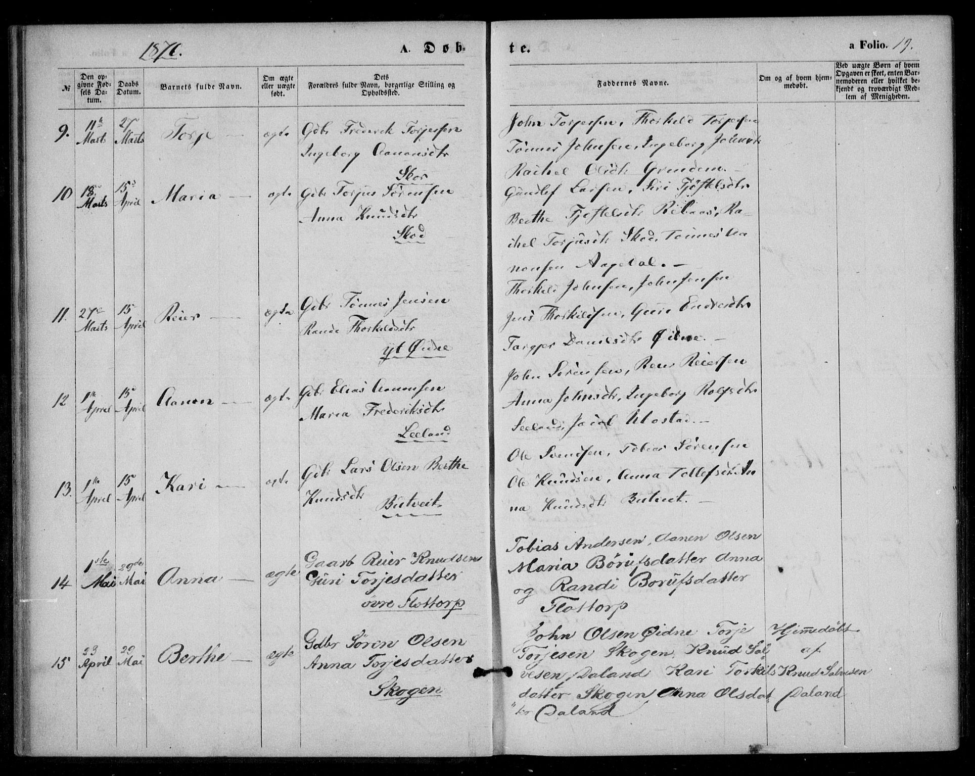Bjelland sokneprestkontor, SAK/1111-0005/F/Fa/Fac/L0002: Parish register (official) no. A 2, 1866-1887, p. 19