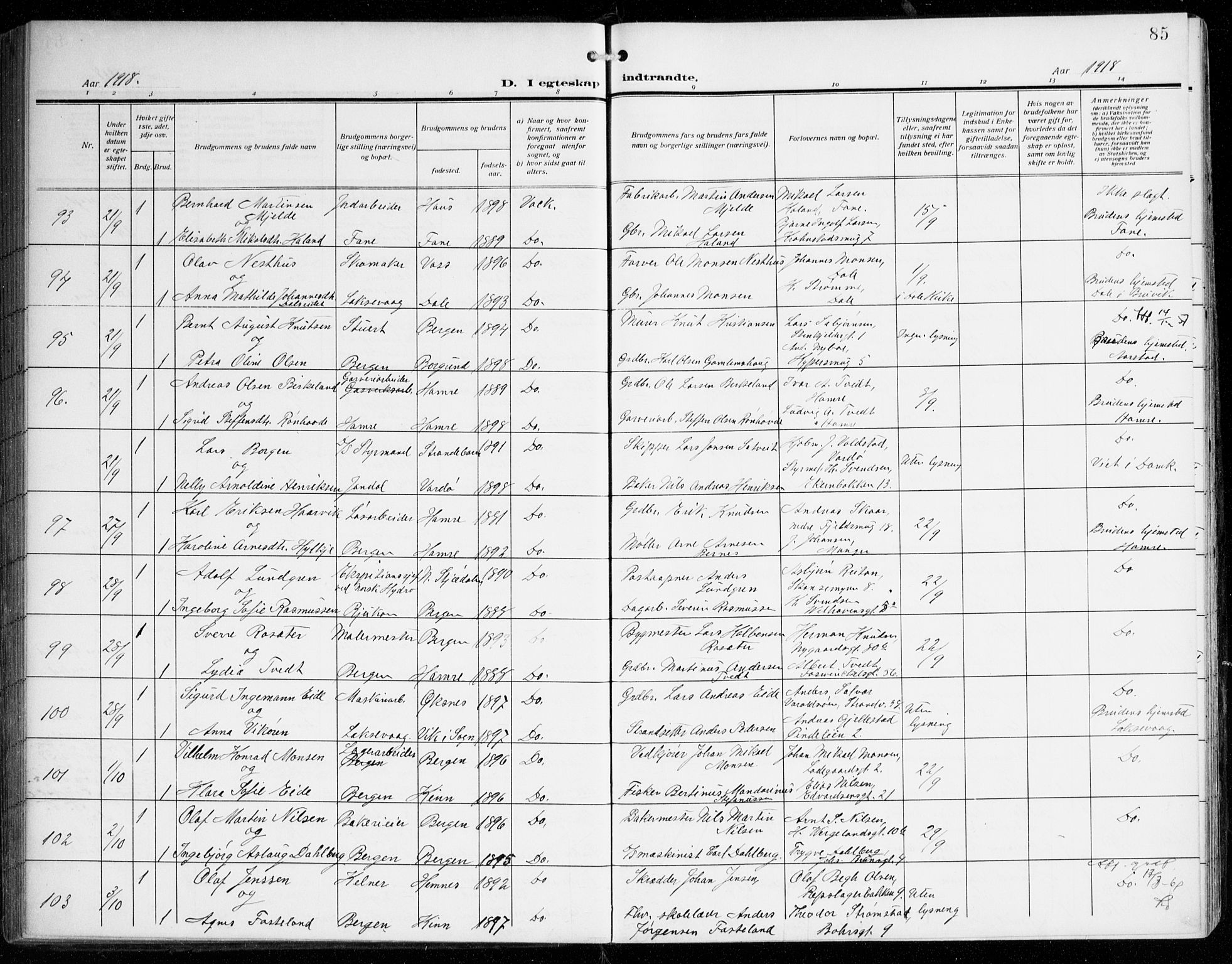 Johanneskirken sokneprestembete, AV/SAB-A-76001/H/Haa/L0013: Parish register (official) no. D 2, 1912-1929, p. 85