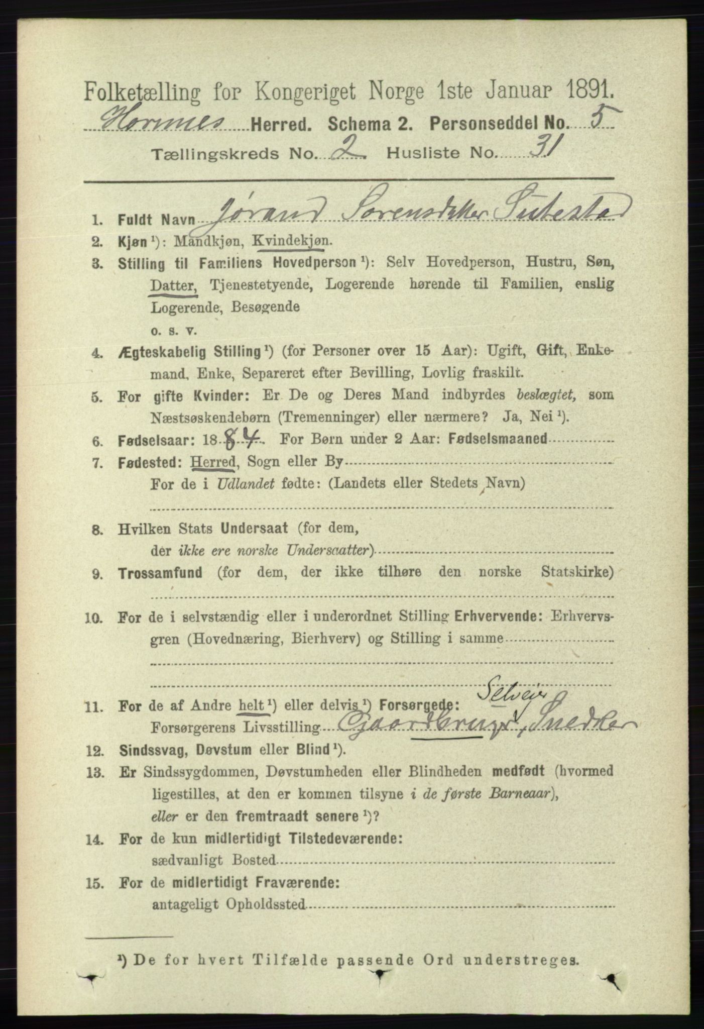 RA, 1891 census for 0936 Hornnes, 1891, p. 400