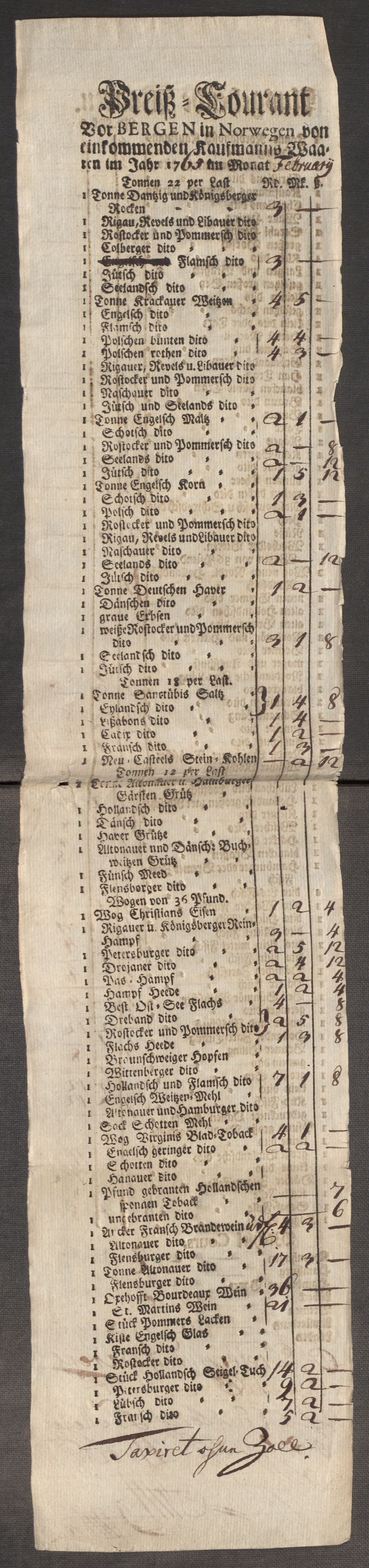 Rentekammeret inntil 1814, Realistisk ordnet avdeling, AV/RA-EA-4070/Oe/L0009: [Ø1]: Nordafjelske priskuranter, 1759-1768, p. 274