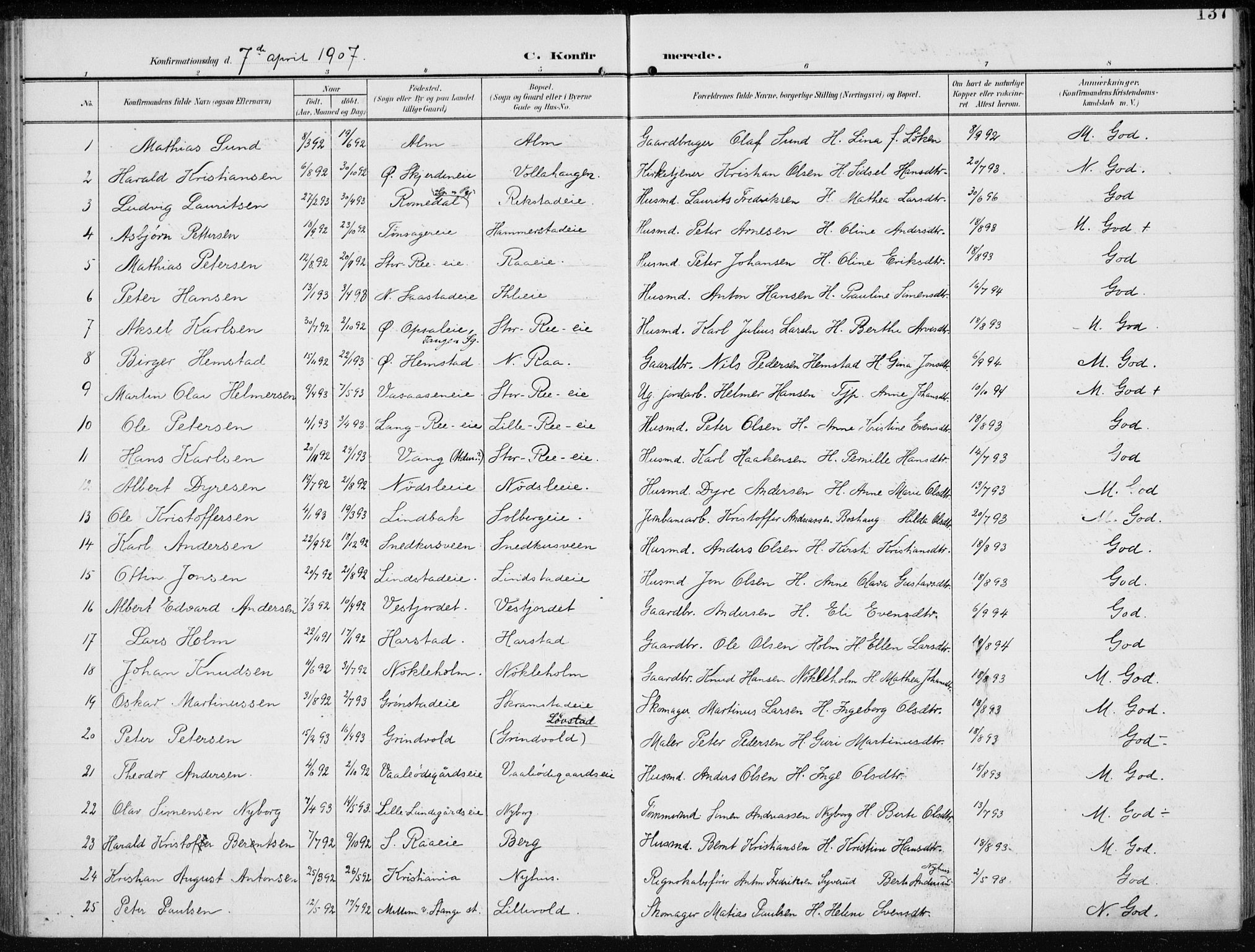 Stange prestekontor, SAH/PREST-002/K/L0024: Parish register (official) no. 24, 1906-1922, p. 137