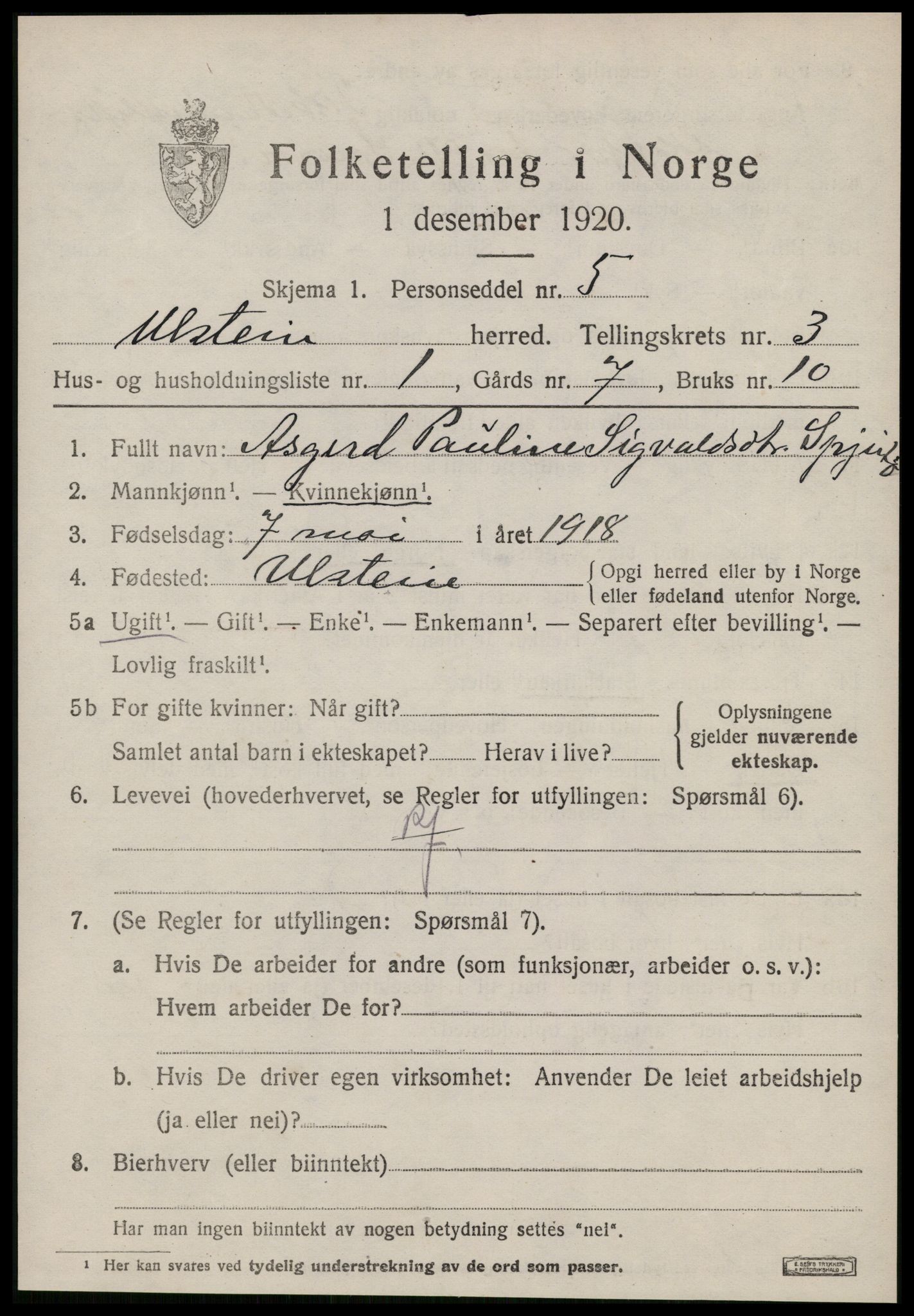 SAT, 1920 census for Ulstein, 1920, p. 1632