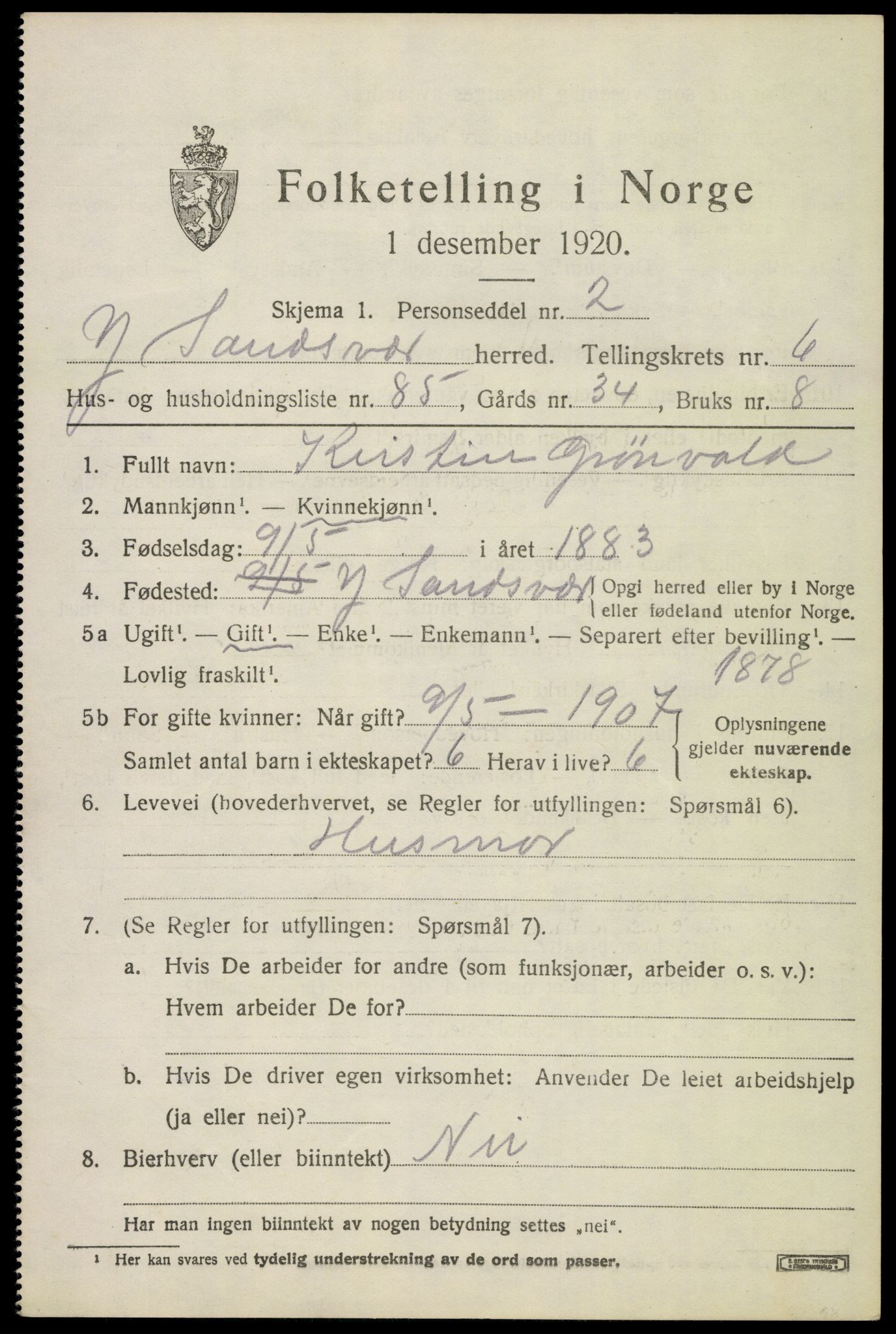 SAKO, 1920 census for Ytre Sandsvær, 1920, p. 5624