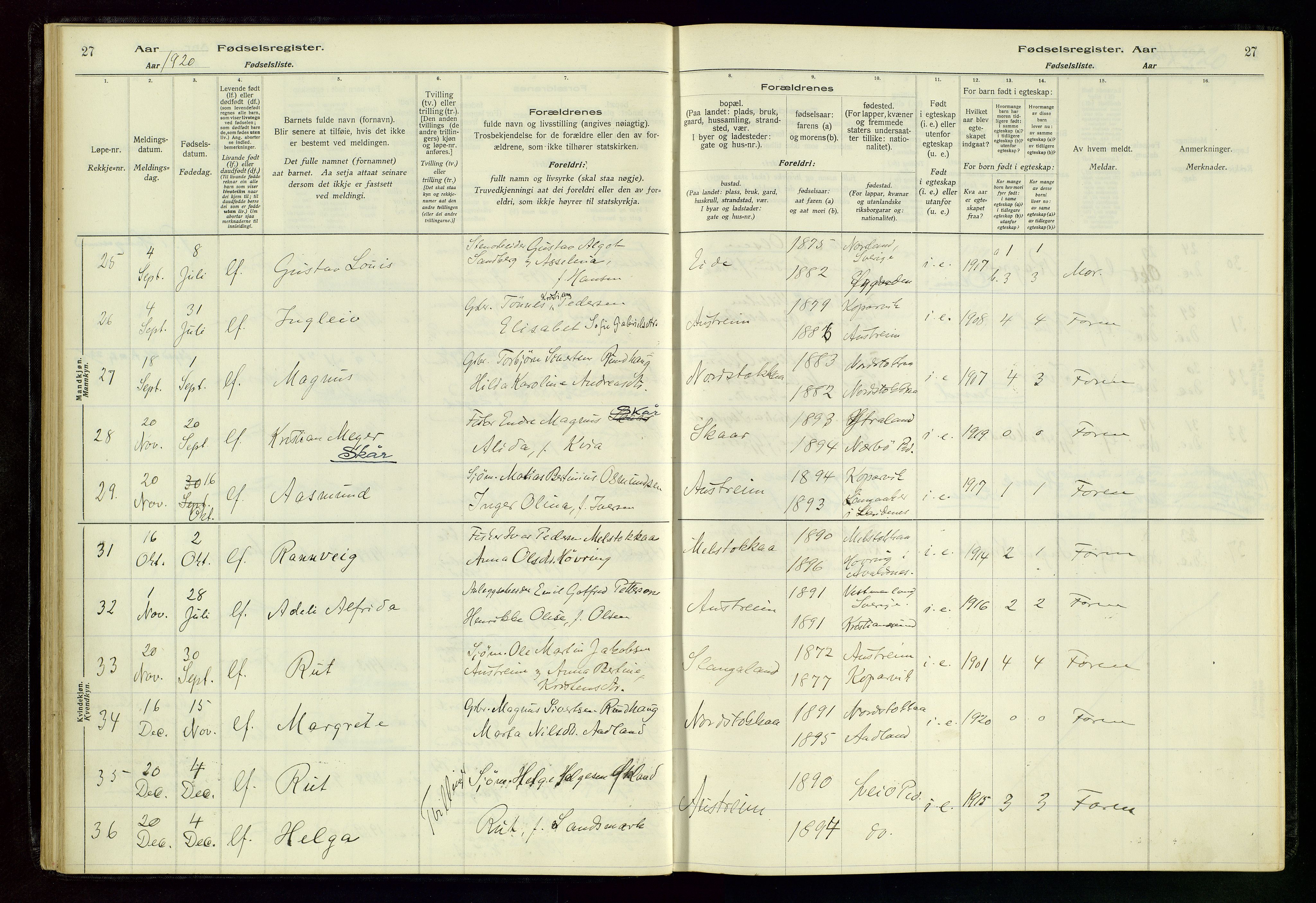 Kopervik sokneprestkontor, SAST/A-101850/I/Id/L0004: Birth register no. 4, 1916-1958, p. 27