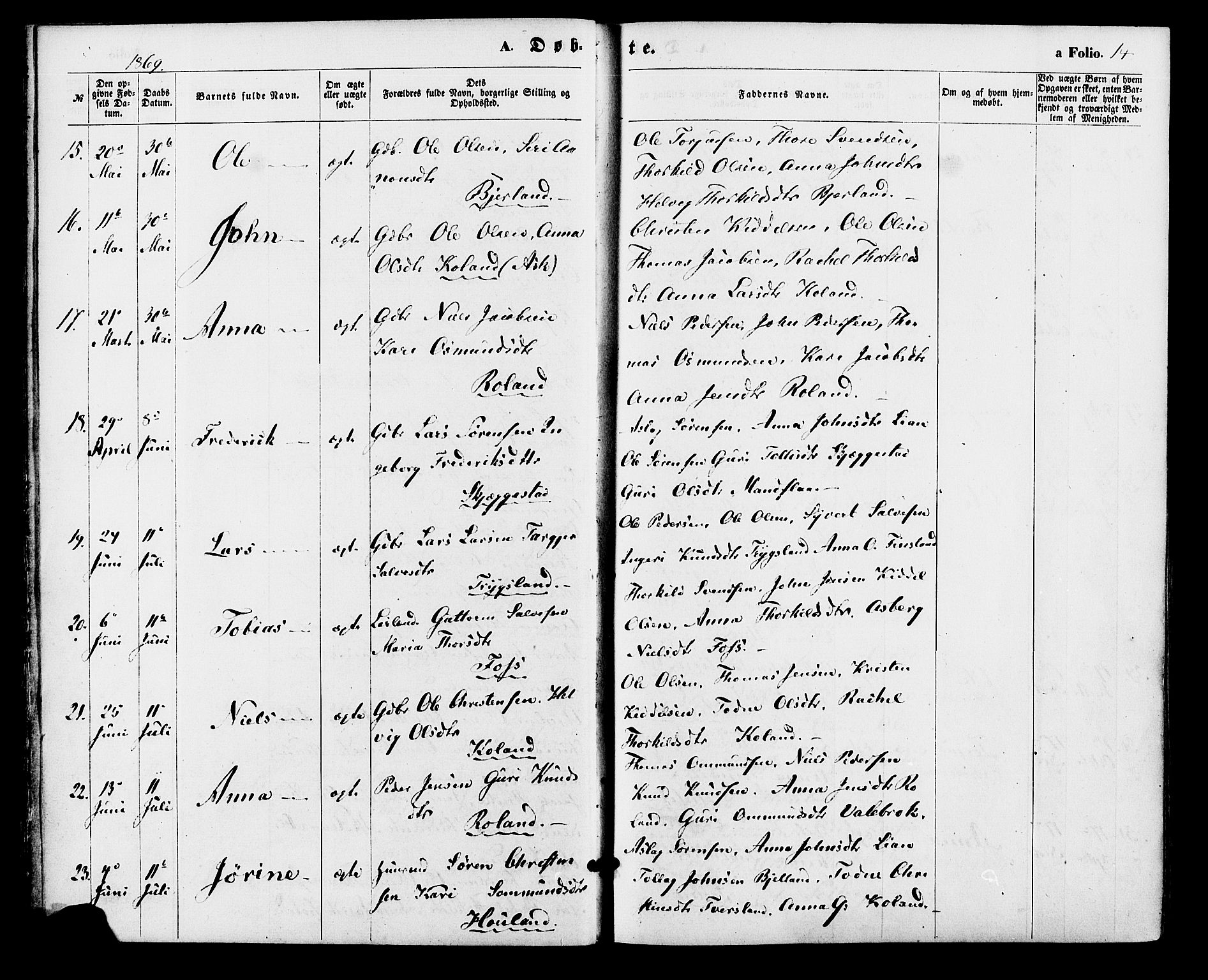 Bjelland sokneprestkontor, AV/SAK-1111-0005/F/Fa/Faa/L0003: Parish register (official) no. A 3, 1867-1887, p. 14