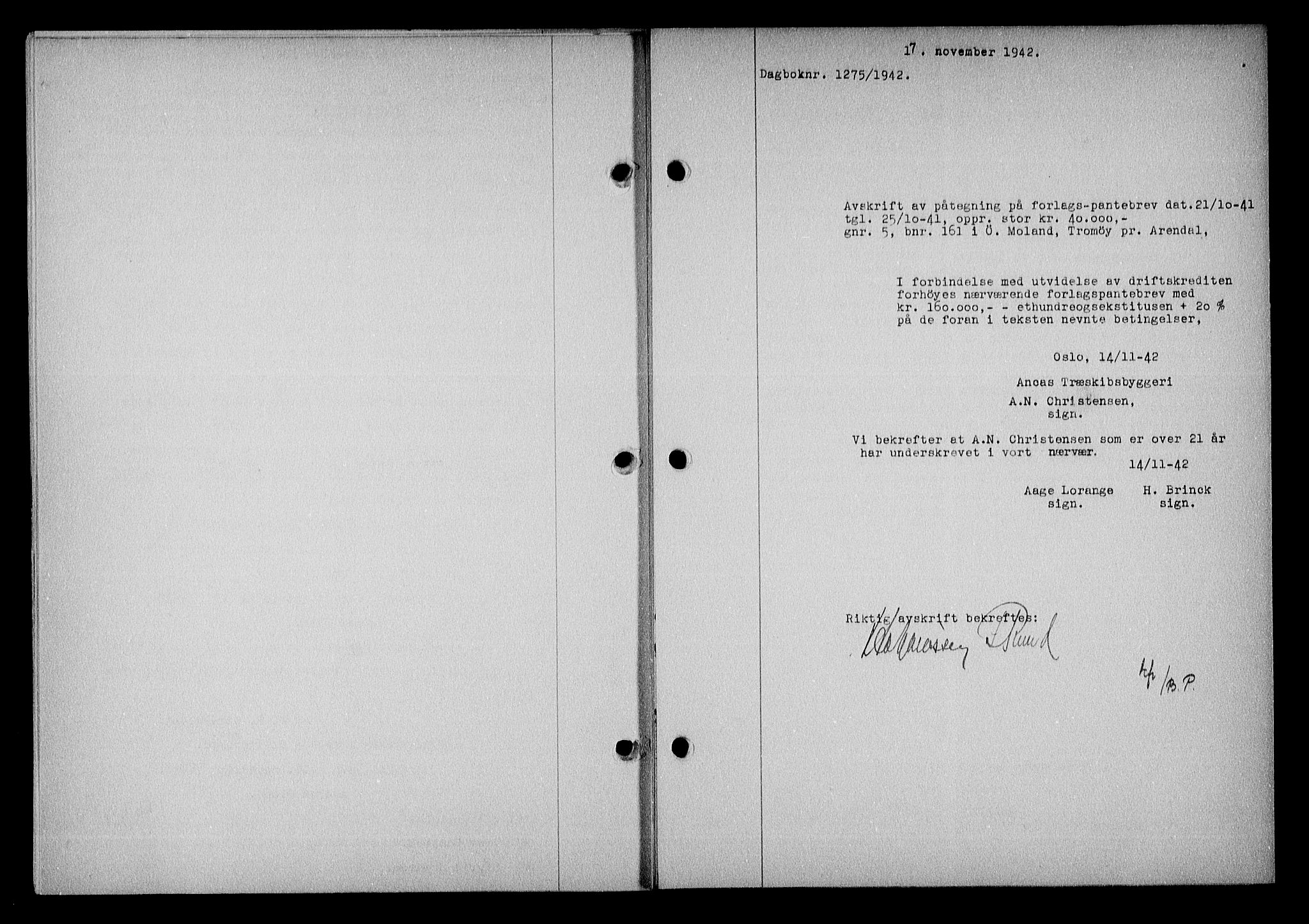 Nedenes sorenskriveri, AV/SAK-1221-0006/G/Gb/Gba/L0050: Mortgage book no. A-IV, 1942-1943, Diary no: : 1275/1942