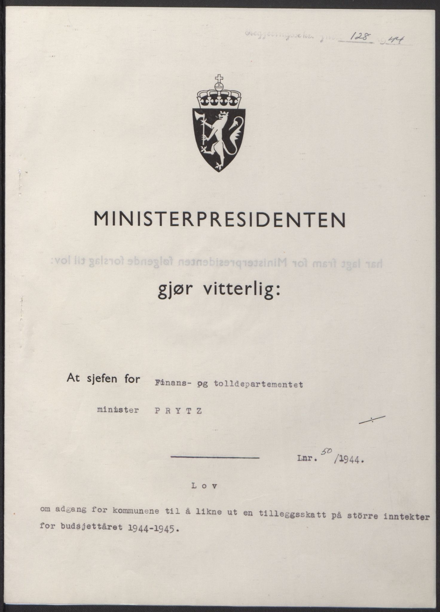 NS-administrasjonen 1940-1945 (Statsrådsekretariatet, de kommisariske statsråder mm), RA/S-4279/D/Db/L0100: Lover, 1944, p. 235