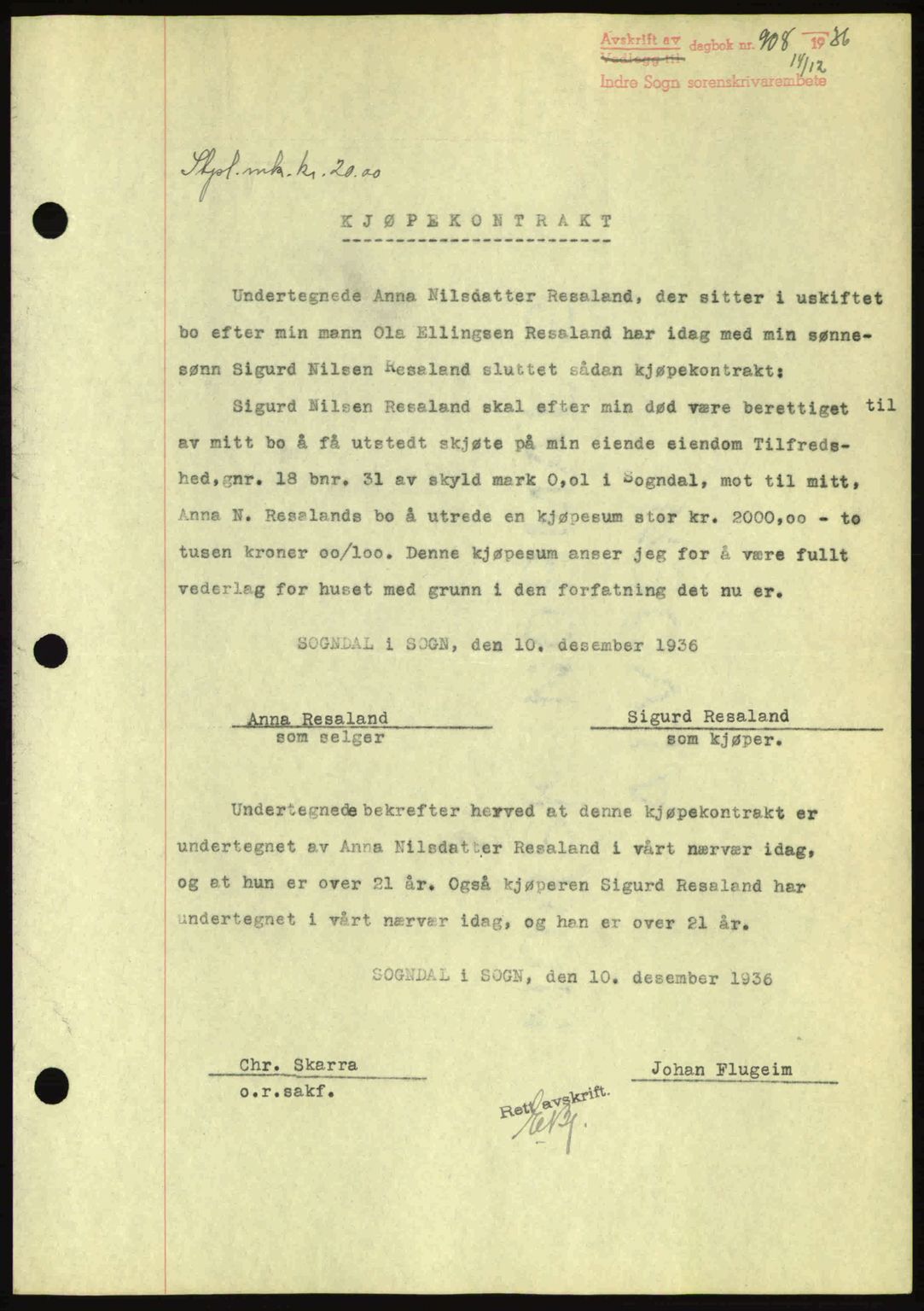 Indre Sogn tingrett, SAB/A-3301/1/G/Gb/Gba/L0030: Mortgage book no. 30, 1935-1937, Deed date: 14.12.1936