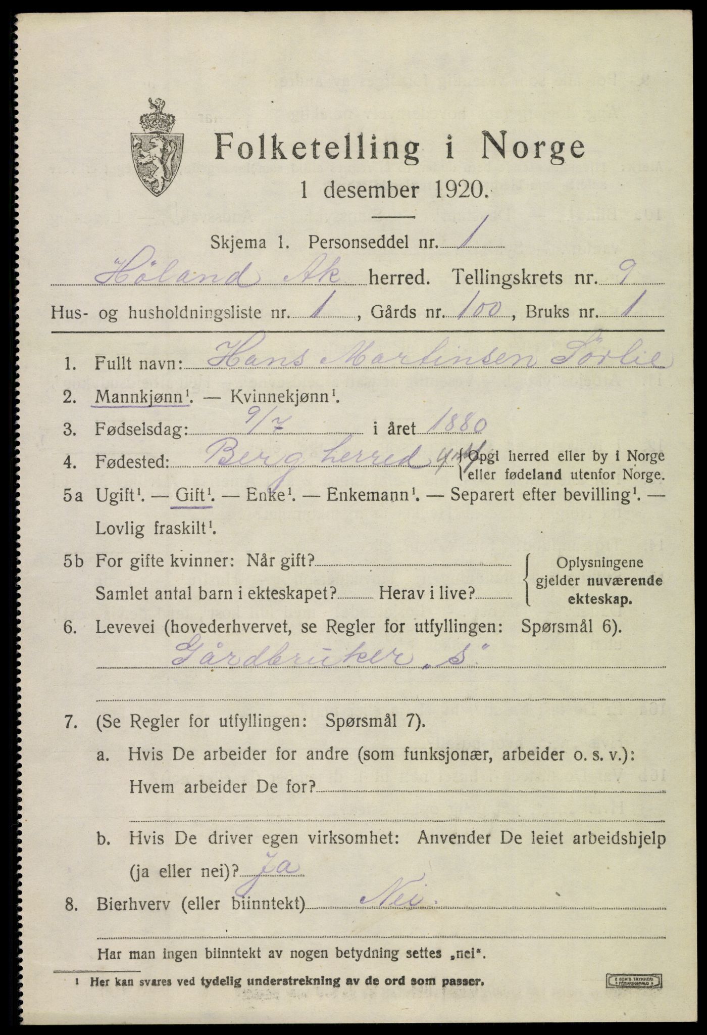 SAO, 1920 census for Høland, 1920, p. 10013