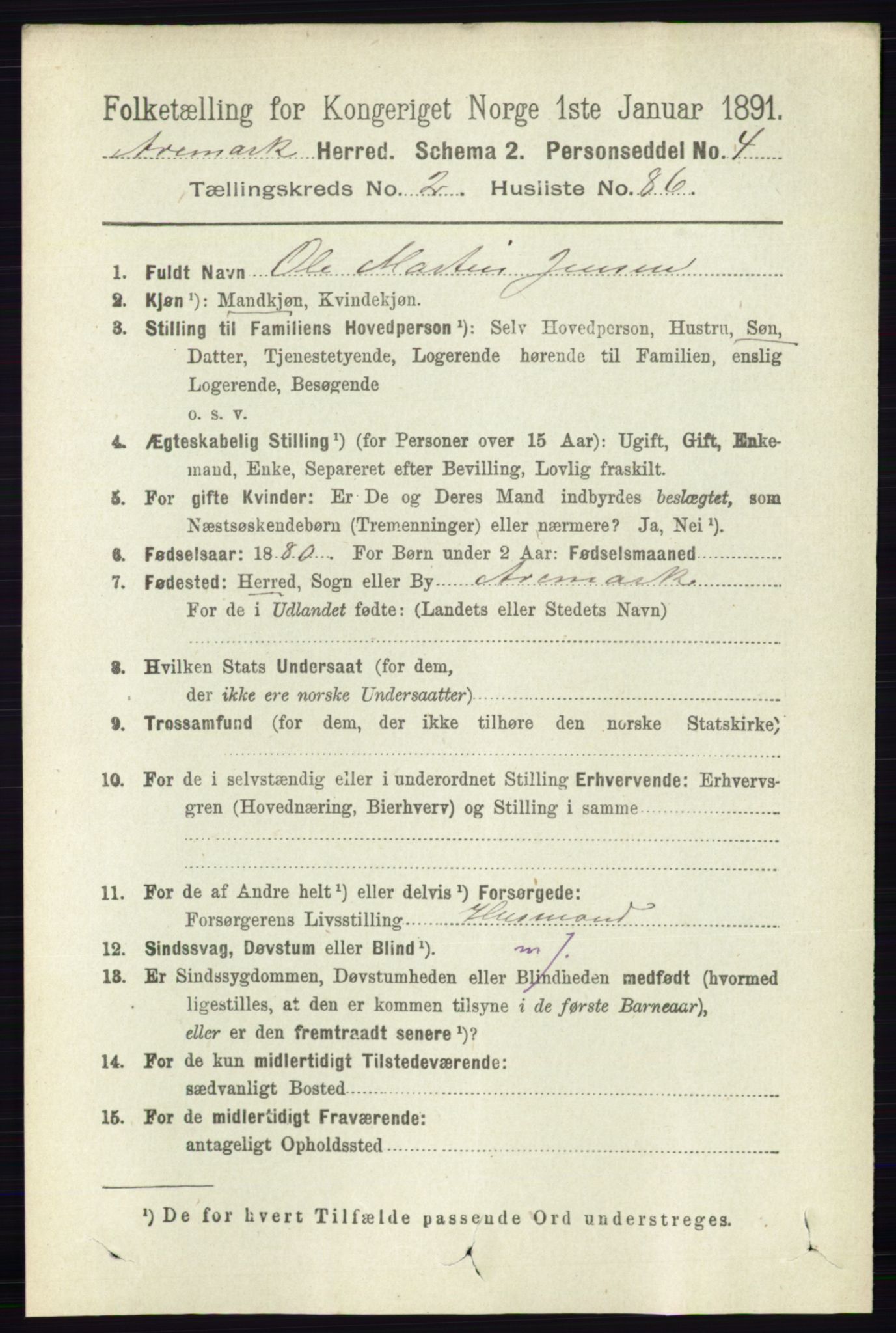 RA, 1891 census for 0118 Aremark, 1891, p. 1327