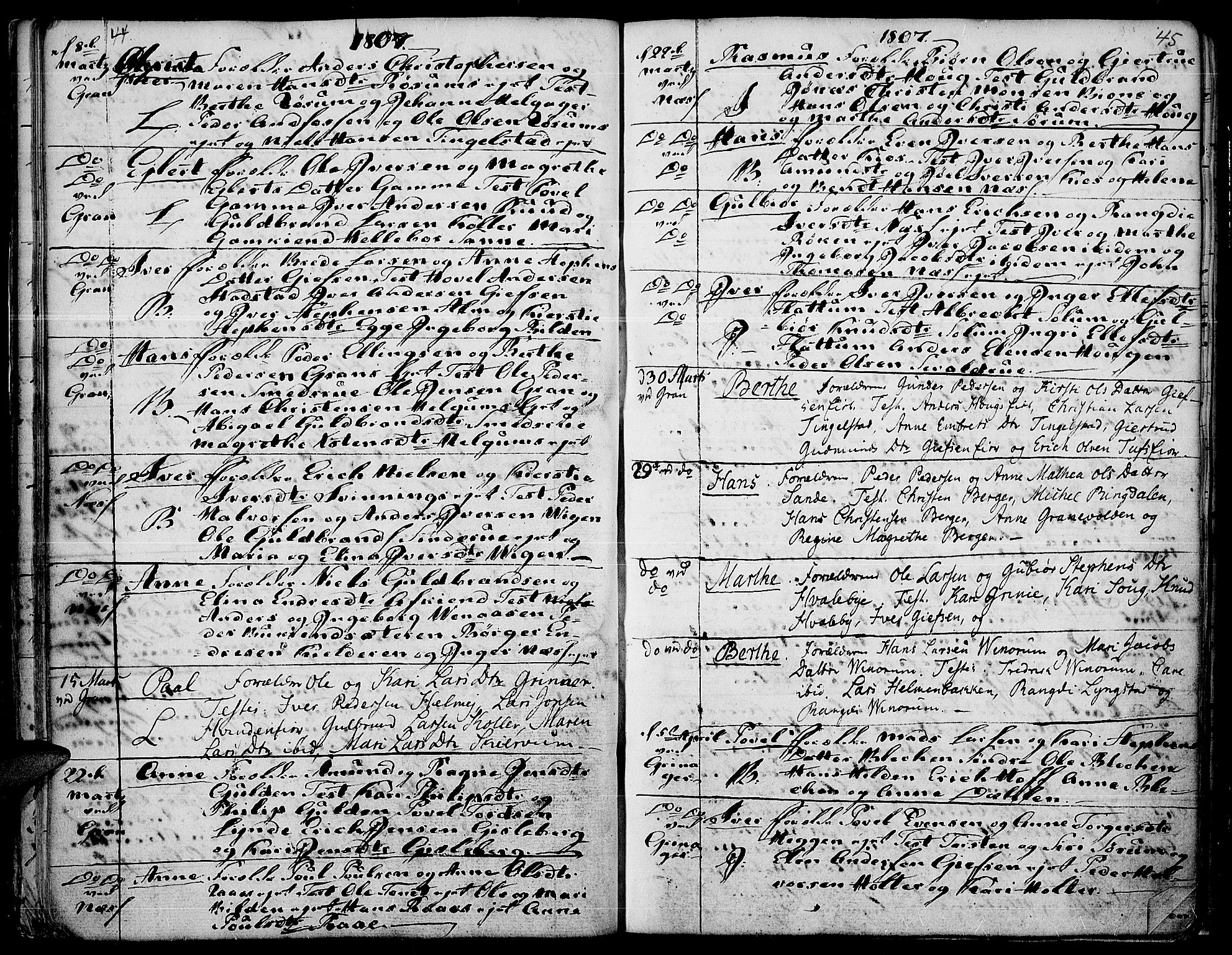 Gran prestekontor, AV/SAH-PREST-112/H/Ha/Haa/L0007: Parish register (official) no. 7, 1804-1815, p. 44-45