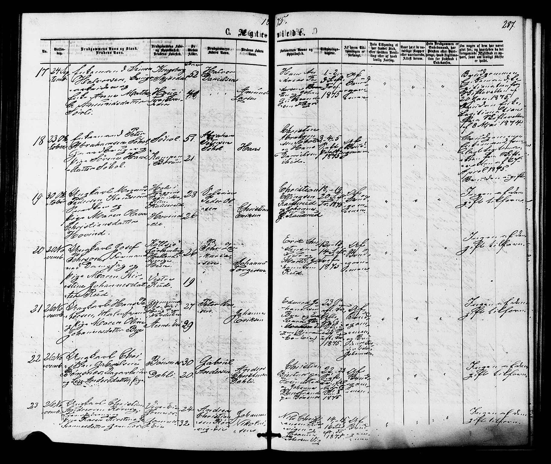 Hole kirkebøker, SAKO/A-228/F/Fa/L0007: Parish register (official) no. I 7, 1873-1877, p. 287