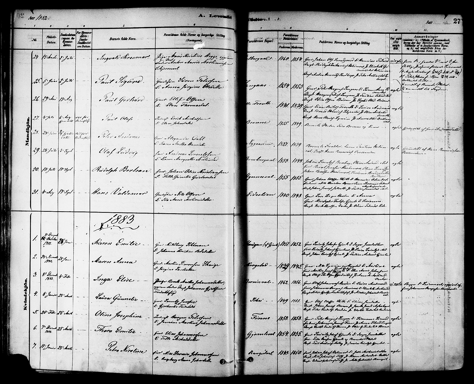 Ministerialprotokoller, klokkerbøker og fødselsregistre - Nord-Trøndelag, SAT/A-1458/717/L0159: Parish register (official) no. 717A09, 1878-1898, p. 27