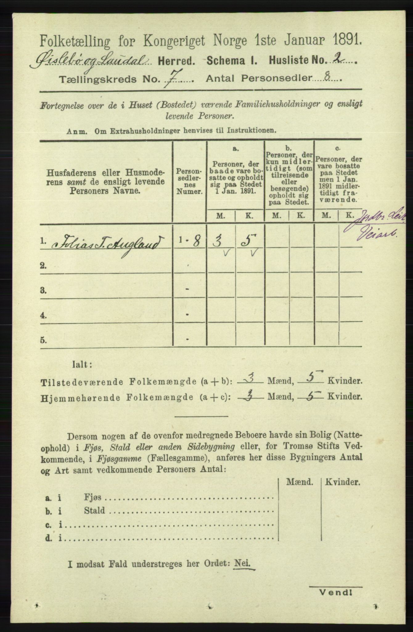 RA, 1891 census for 1021 Øyslebø og Laudal, 1891, p. 1903