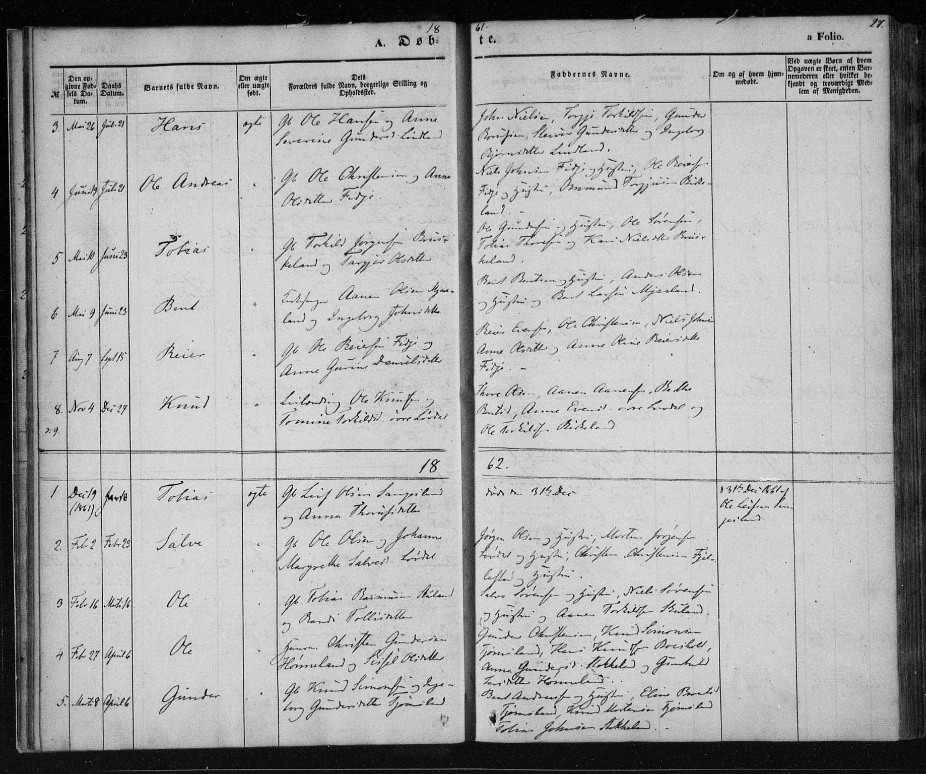 Holum sokneprestkontor, AV/SAK-1111-0022/F/Fa/Fab/L0005: Parish register (official) no. A 5, 1847-1874, p. 27