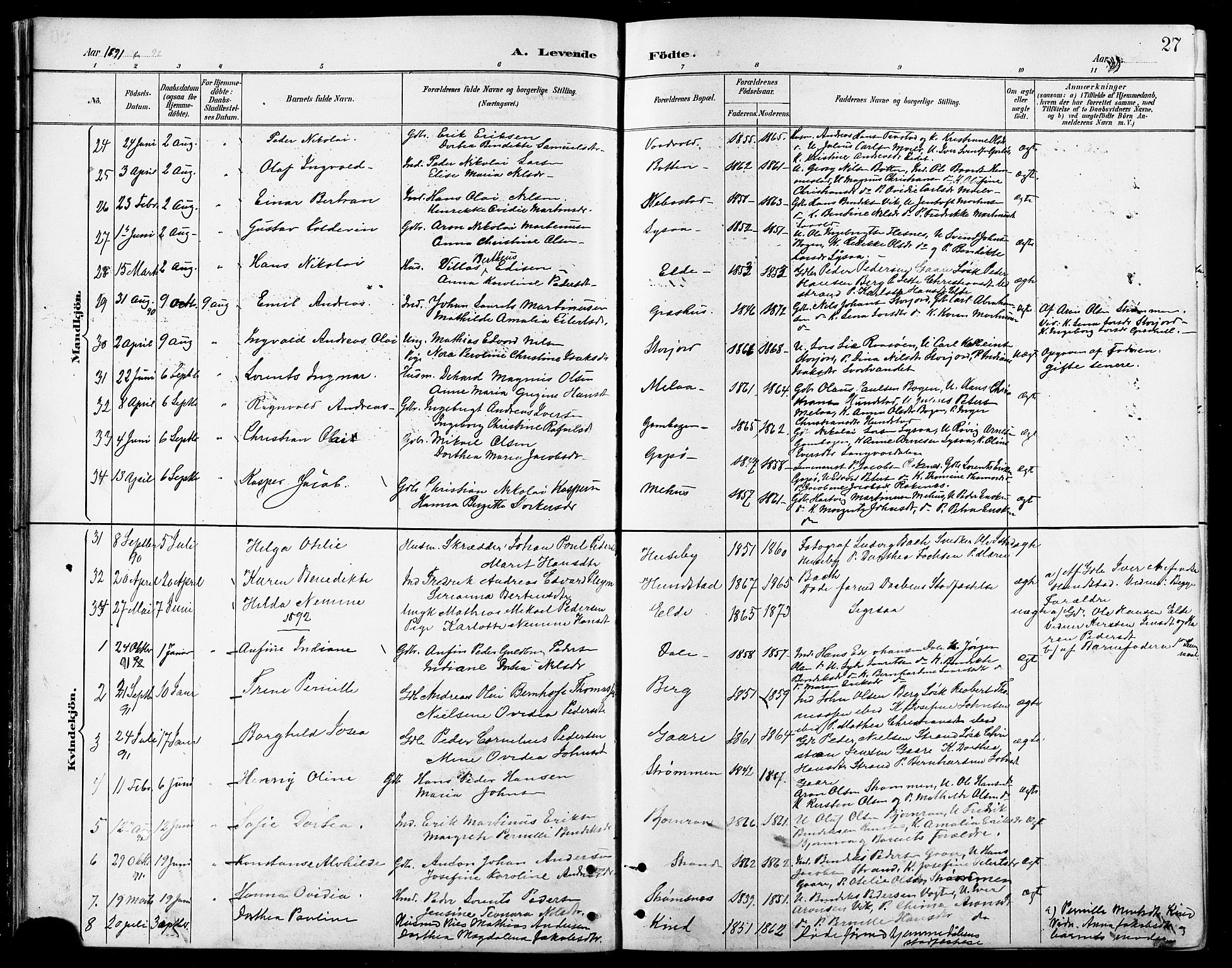 Kvæfjord sokneprestkontor, SATØ/S-1323/G/Ga/Gab/L0005klokker: Parish register (copy) no. 5, 1886-1911, p. 27