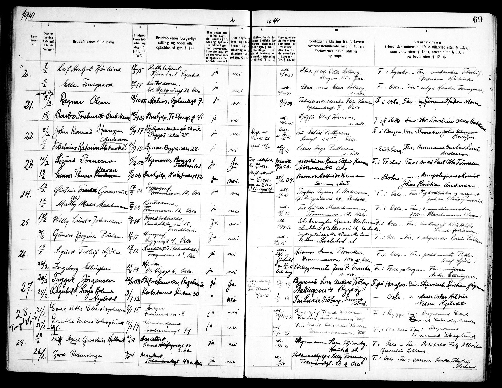 Frogner prestekontor Kirkebøker, SAO/A-10886/H/Ha/L0009: Banns register no. 9, 1938-1945, p. 69