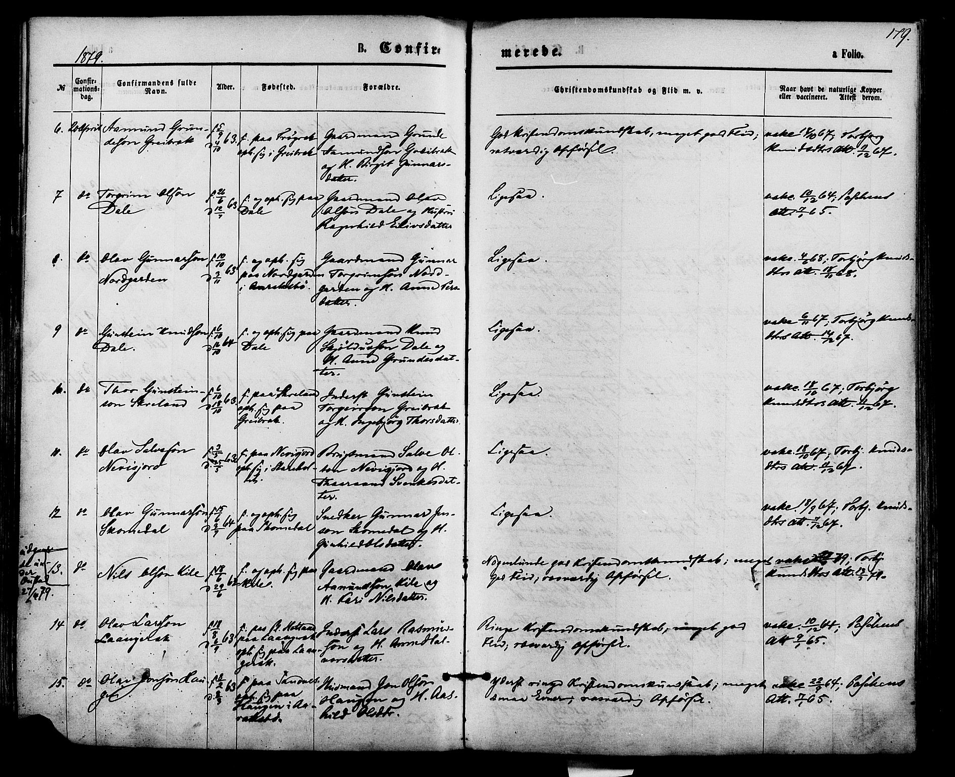 Bygland sokneprestkontor, AV/SAK-1111-0006/F/Fa/Fab/L0006: Parish register (official) no. A 6, 1873-1884, p. 179