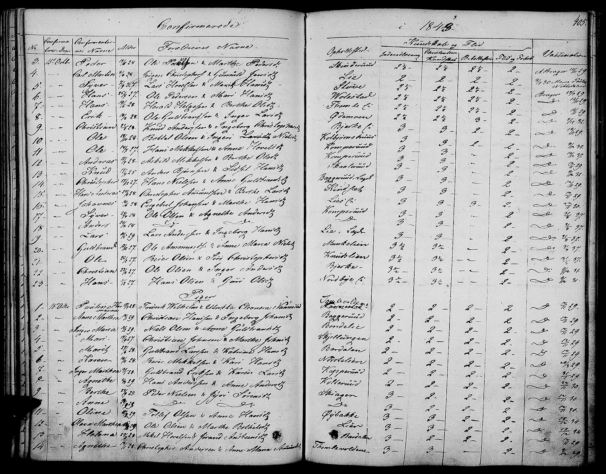 Land prestekontor, SAH/PREST-120/H/Ha/Haa/L0008: Parish register (official) no. 8, 1830-1846, p. 405