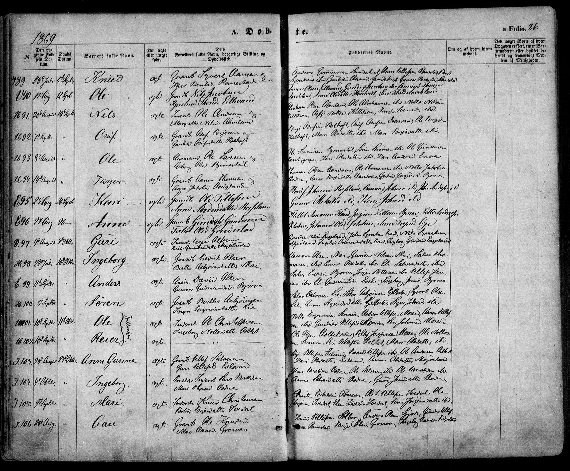 Evje sokneprestkontor, AV/SAK-1111-0008/F/Fa/Faa/L0006: Parish register (official) no. A 6, 1866-1884, p. 26