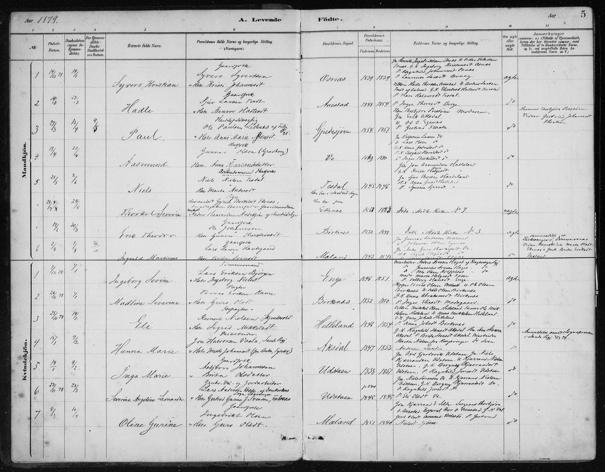 Etne sokneprestembete, SAB/A-75001/H/Haa: Parish register (official) no. C  1, 1879-1919, p. 5
