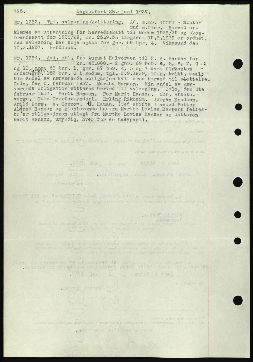 Eiker, Modum og Sigdal sorenskriveri, SAKO/A-123/G/Ga/Gab/L0035: Mortgage book no. A5, 1937-1937, Diary no: : 1383/1937