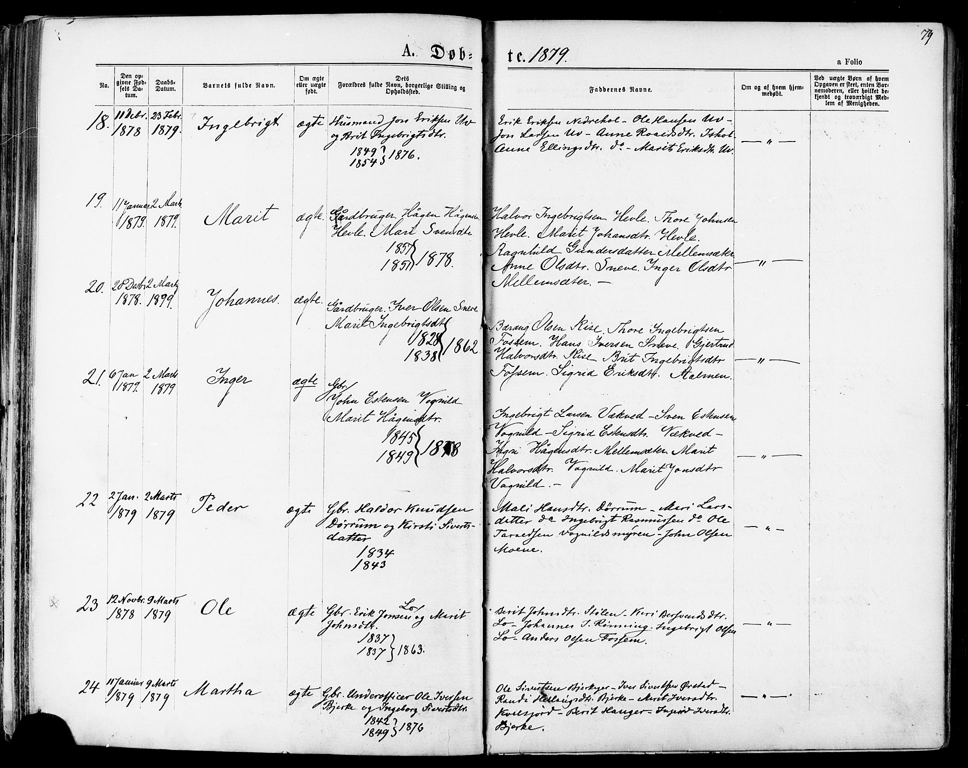 Ministerialprotokoller, klokkerbøker og fødselsregistre - Sør-Trøndelag, AV/SAT-A-1456/678/L0900: Parish register (official) no. 678A09, 1872-1881, p. 79