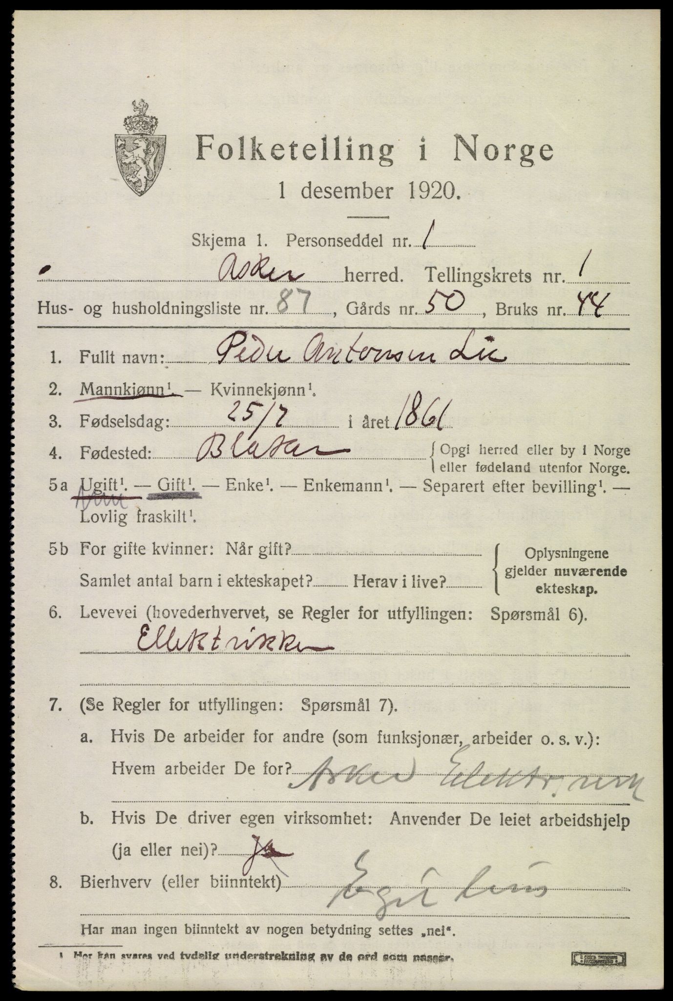 SAO, 1920 census for Asker, 1920, p. 3618