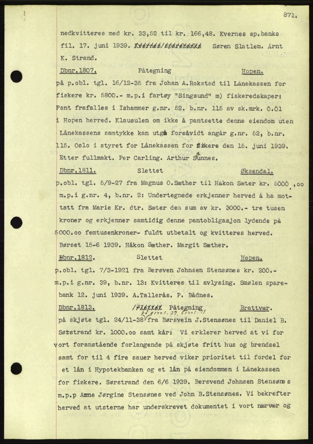 Nordmøre sorenskriveri, AV/SAT-A-4132/1/2/2Ca: Mortgage book no. C80, 1936-1939, Diary no: : 1807/1939