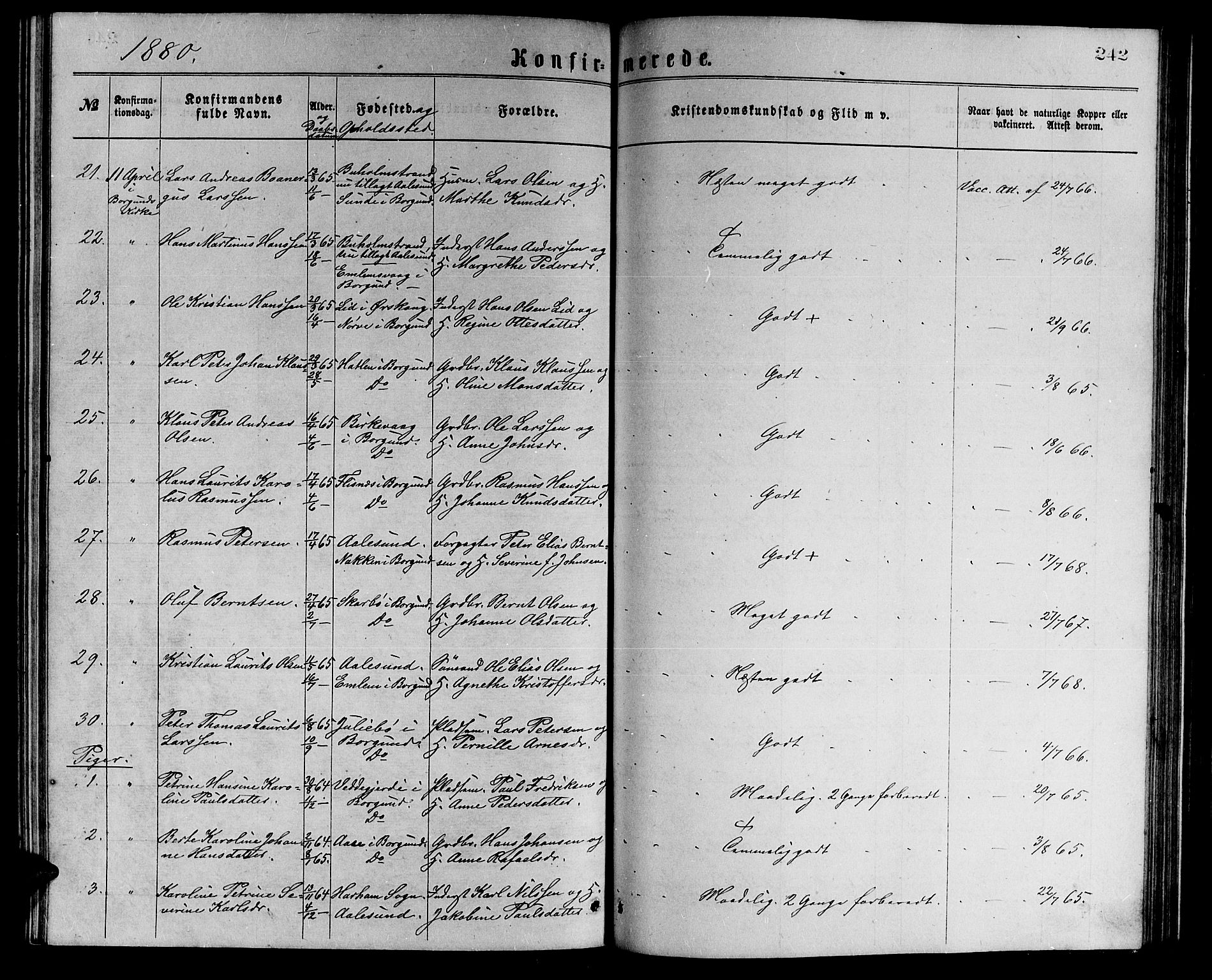 Ministerialprotokoller, klokkerbøker og fødselsregistre - Møre og Romsdal, AV/SAT-A-1454/528/L0429: Parish register (copy) no. 528C10, 1872-1886, p. 242