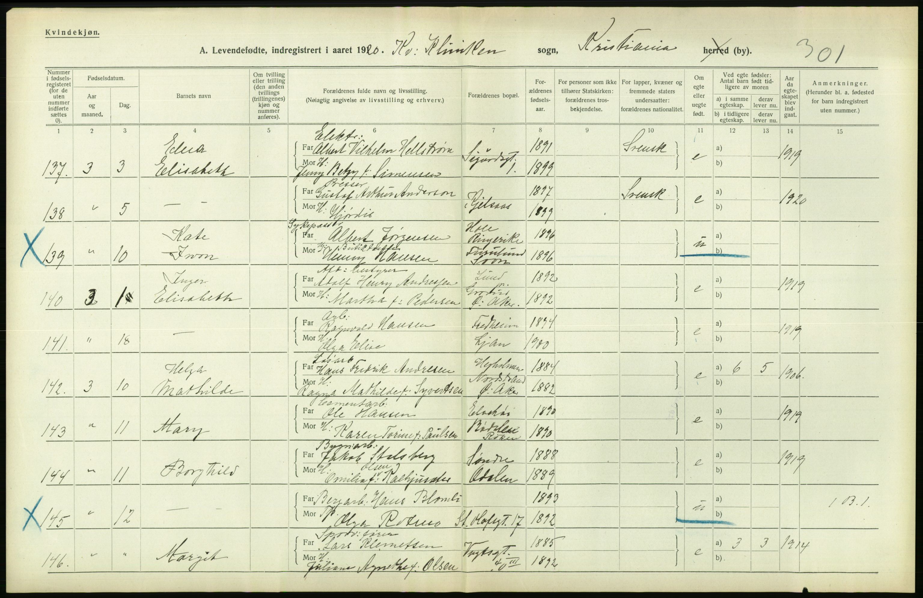 Statistisk sentralbyrå, Sosiodemografiske emner, Befolkning, AV/RA-S-2228/D/Df/Dfb/Dfbj/L0008: Kristiania: Levendefødte menn og kvinner., 1920, p. 556