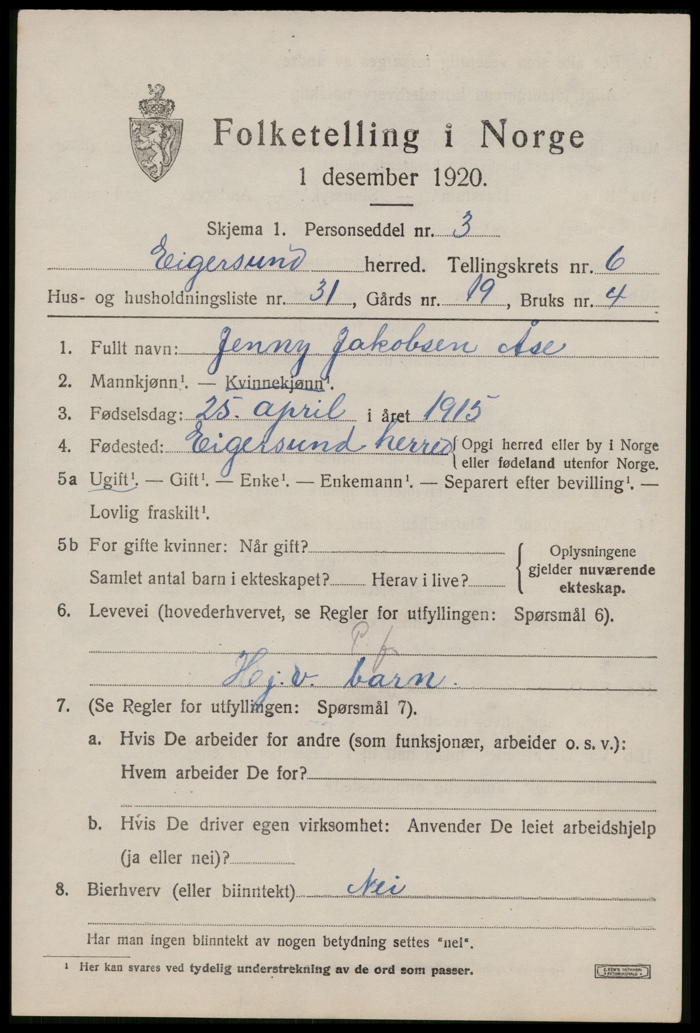 SAST, 1920 census for Eigersund, 1920, p. 4229